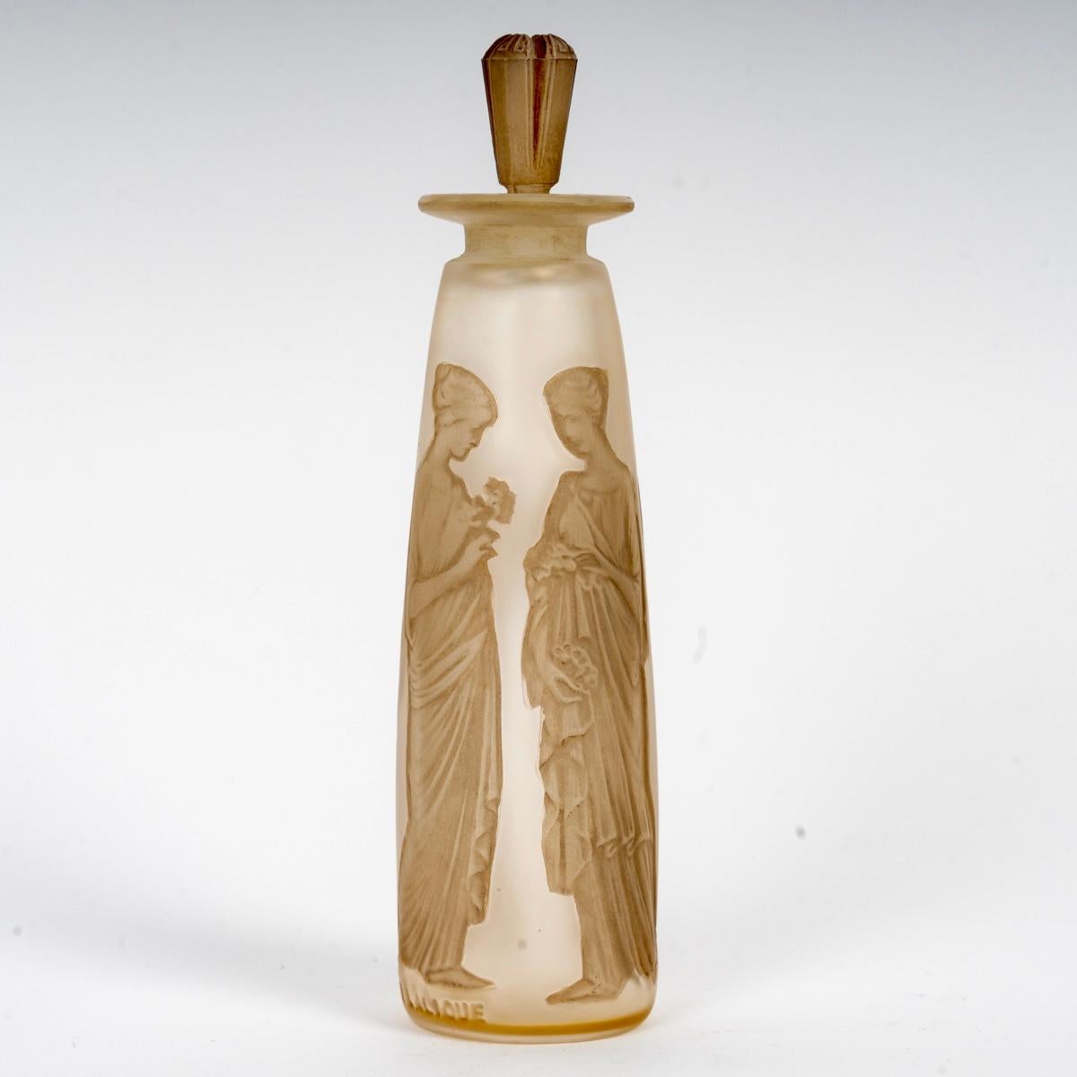 Début du 20ème siècle 1910 Flacon de parfum René Lalique Ambre Verre Coty Antique Patine Sépia avec boîte en vente