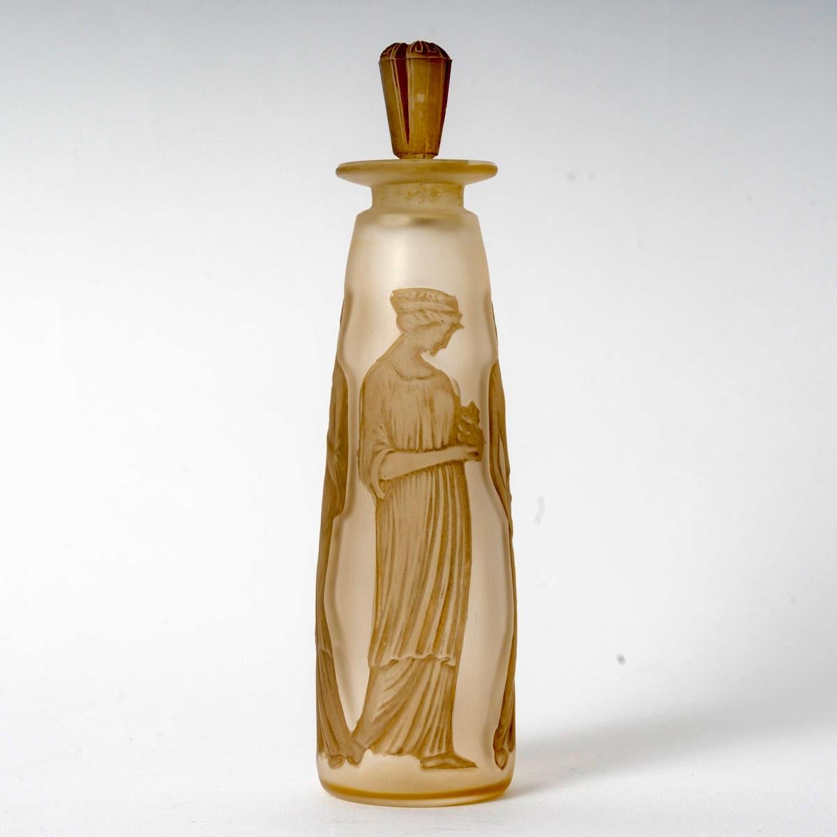 1910 Flacon de parfum René Lalique Ambre Verre Coty Antique Patine Sépia avec boîte en vente 1