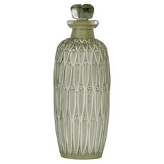 Antique 1910 René Lalique Perfume Bottle Petites Feuilles Frosted Glass Green Patina