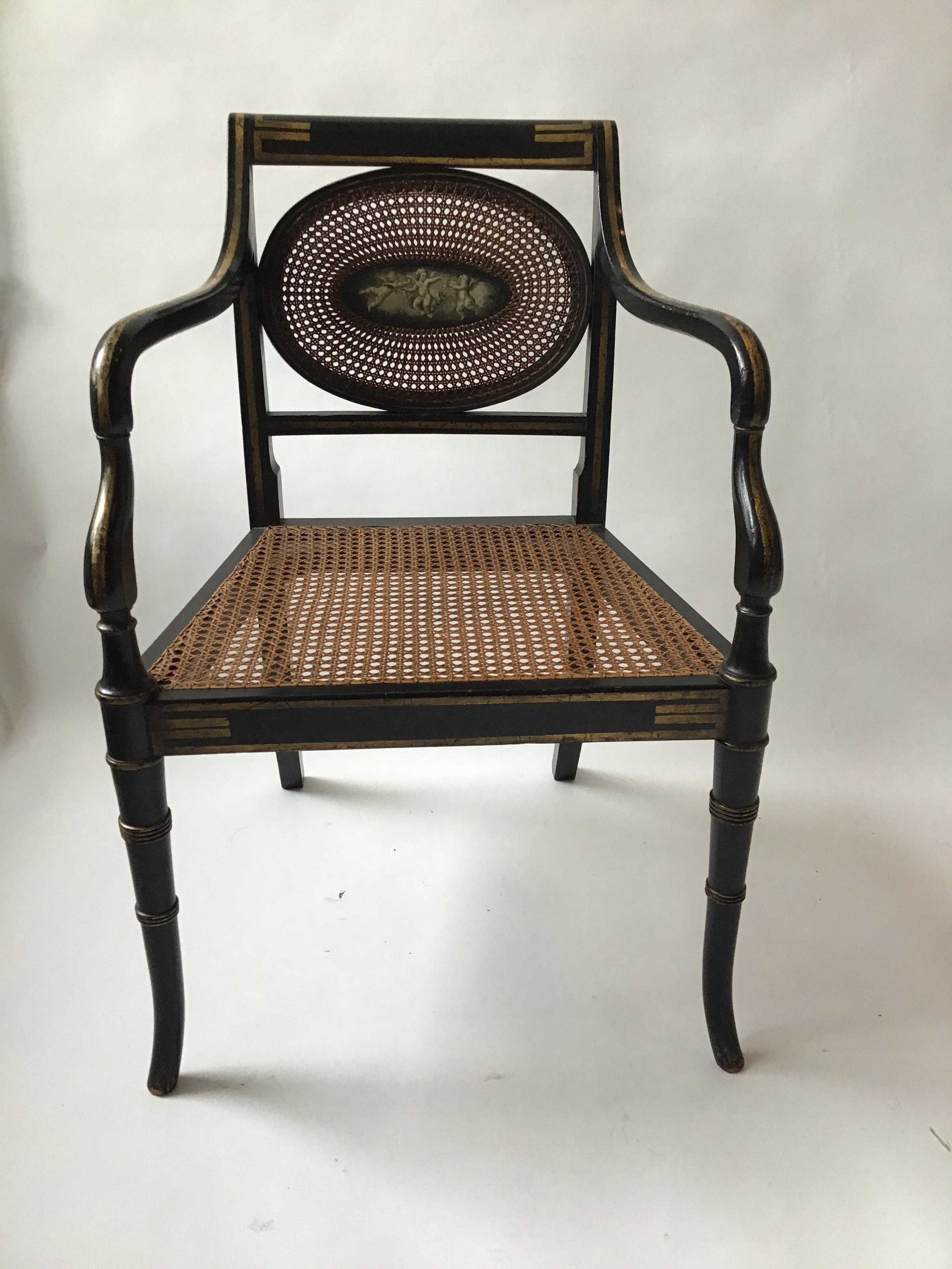 1910 Sheraton Style Hand Caned Armchair with Cherub Plaque In Good Condition In Tarrytown, NY