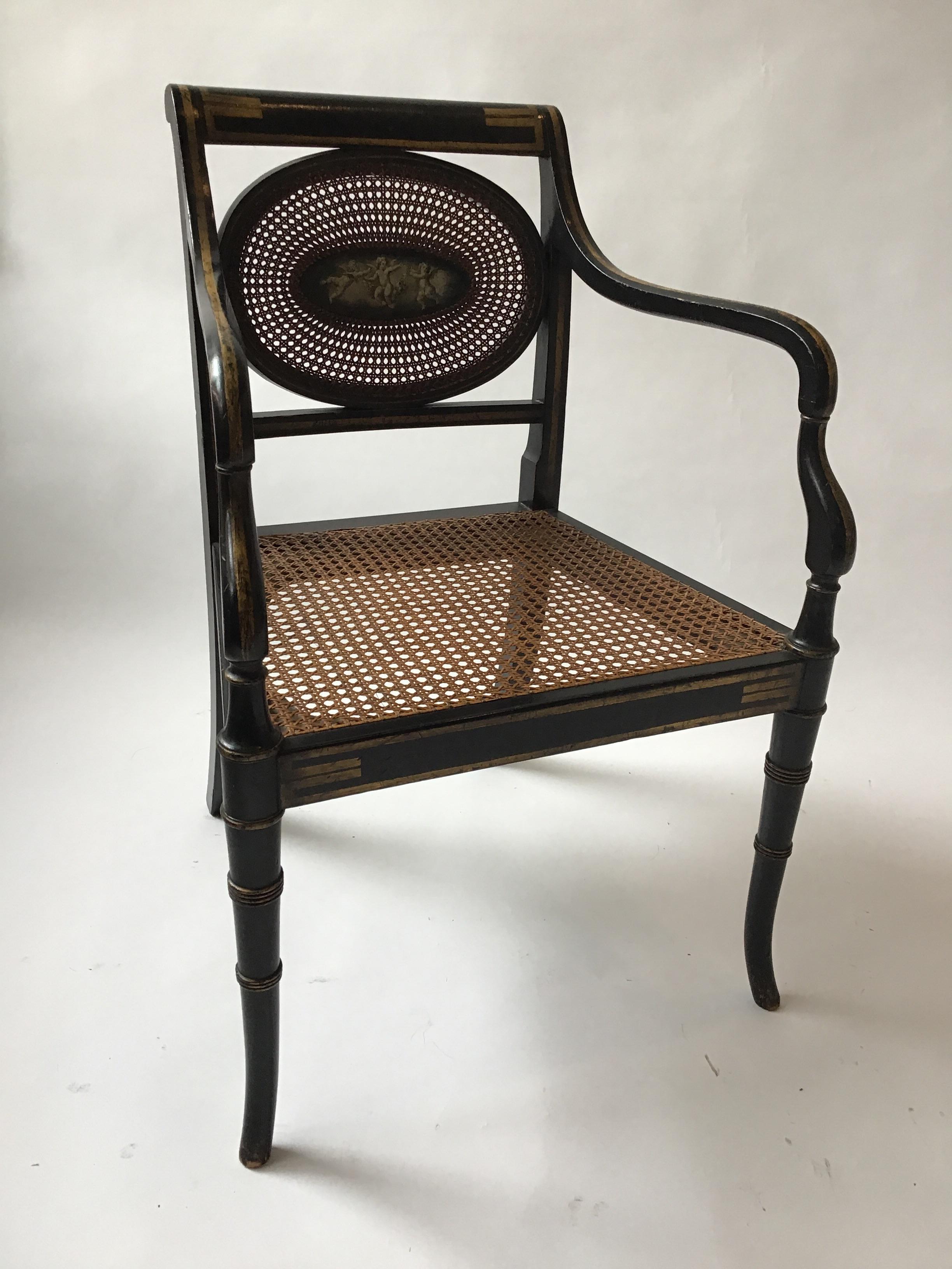 Wood 1910 Sheraton Style Hand Caned Armchair with Cherub Plaque