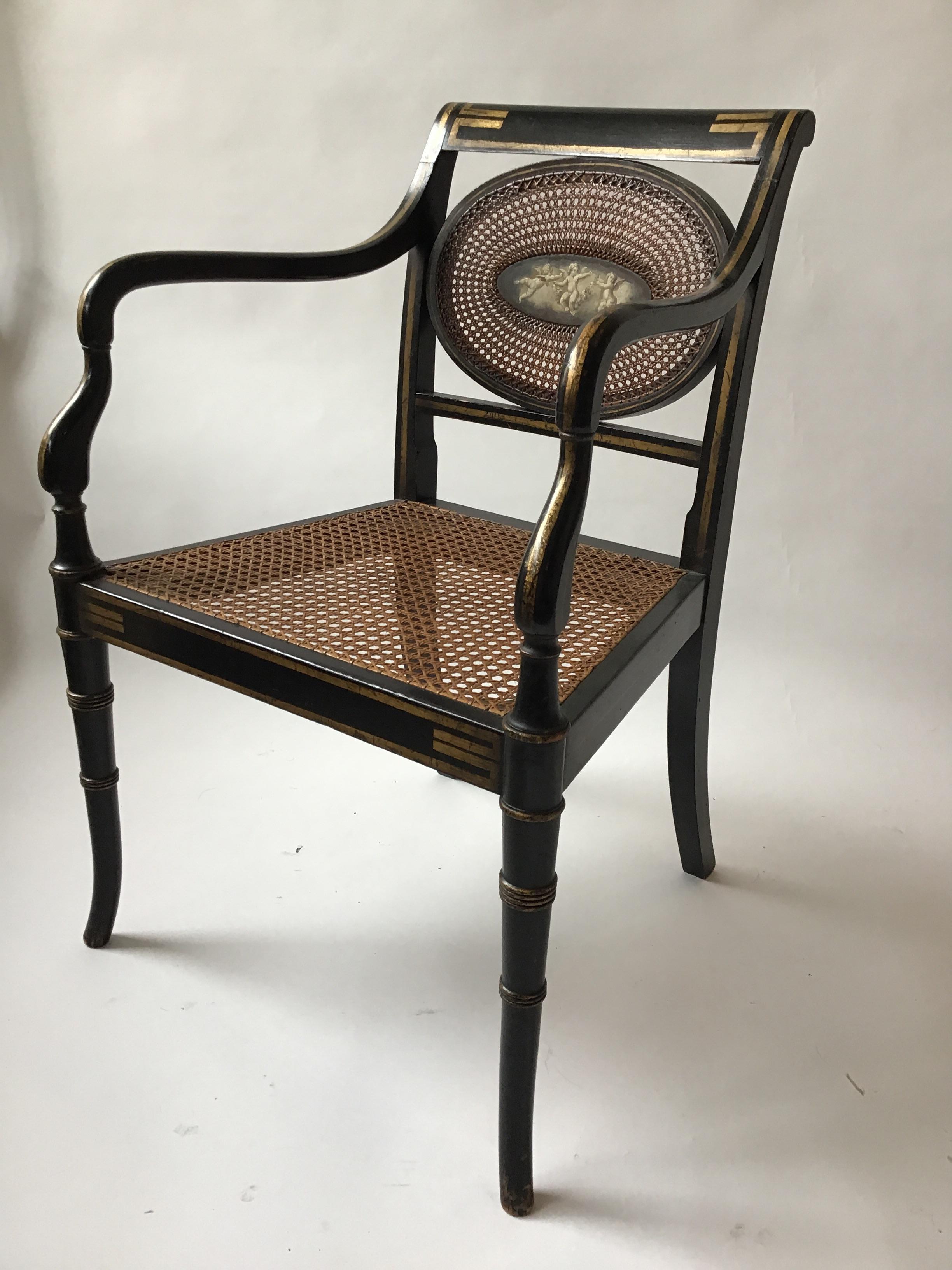 1910 Sheraton Style Hand Caned Armchair with Cherub Plaque 1