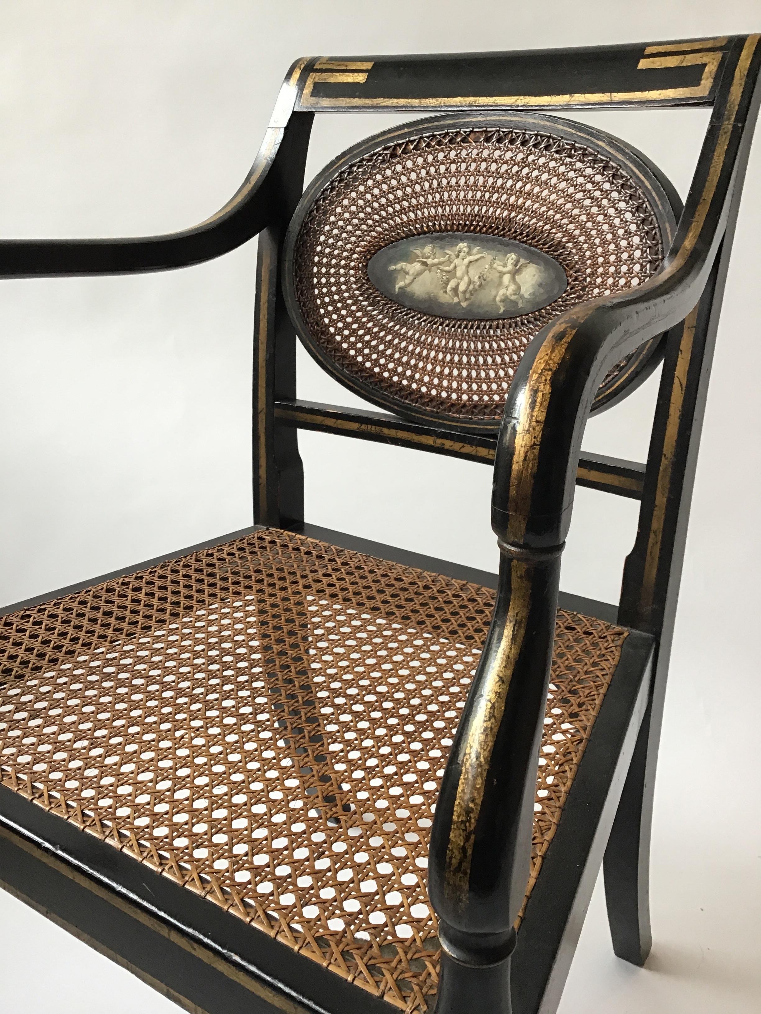 1910 Sheraton Style Hand Caned Armchair with Cherub Plaque 2