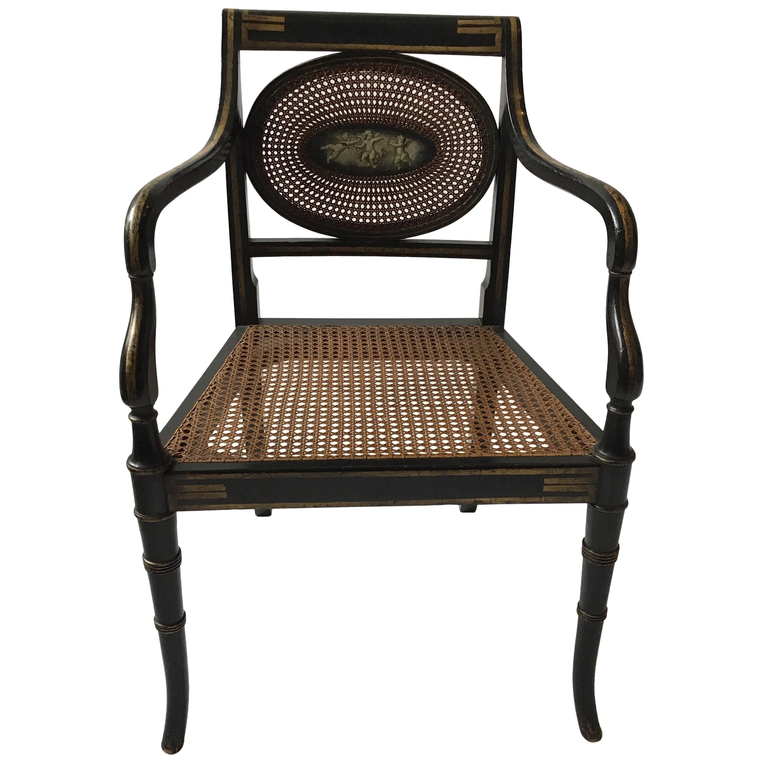 1910 Sheraton Style Hand Caned Armchair with Cherub Plaque