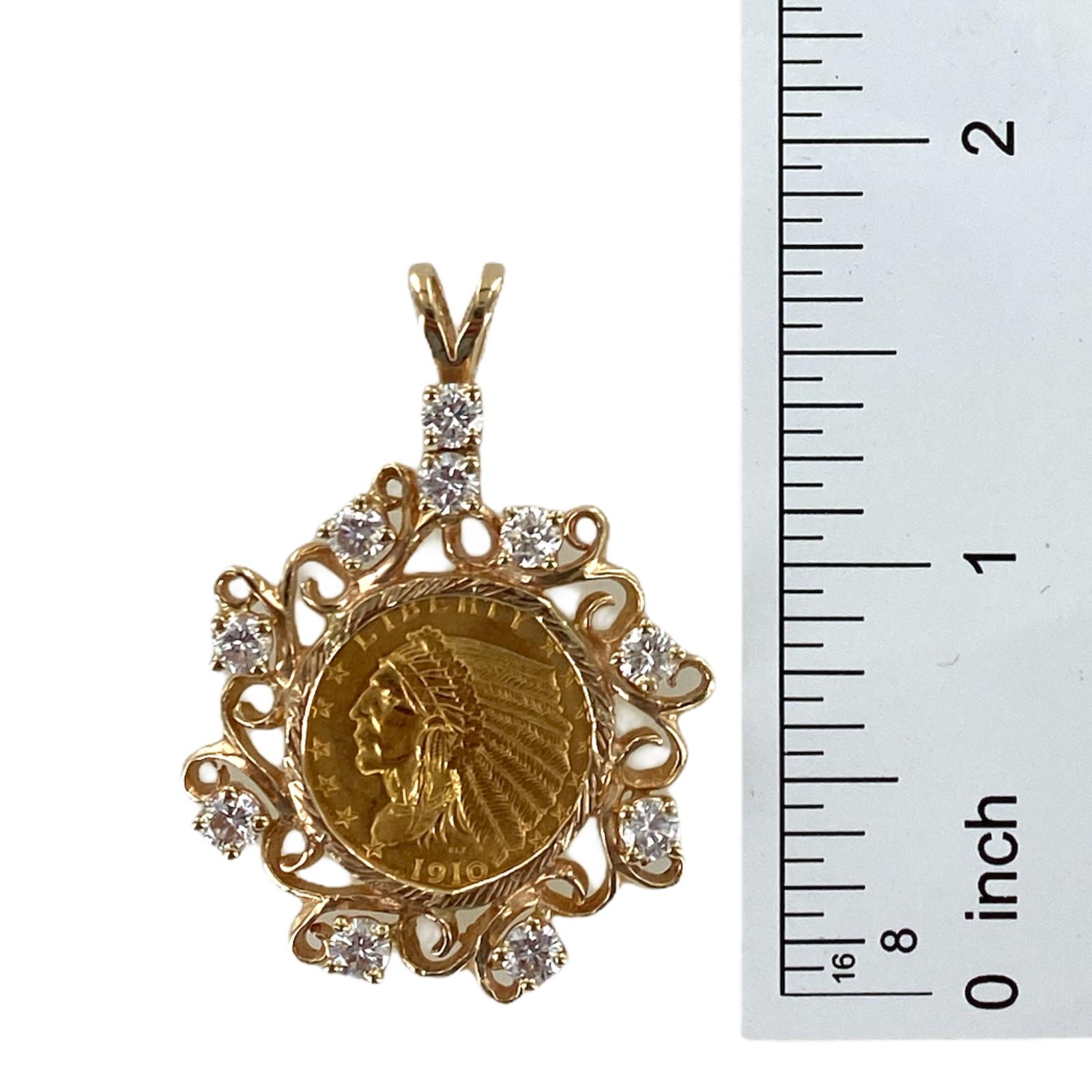 US gold $2.50 Indian head coin is set in a diamond pendant fashioned in 14 karat yellow gold. The gold coin is 90% and circa 1910. The 10 round brilliant cut diamonds weigh approximately 1.50 carat total weight and are graded H-I color and SI