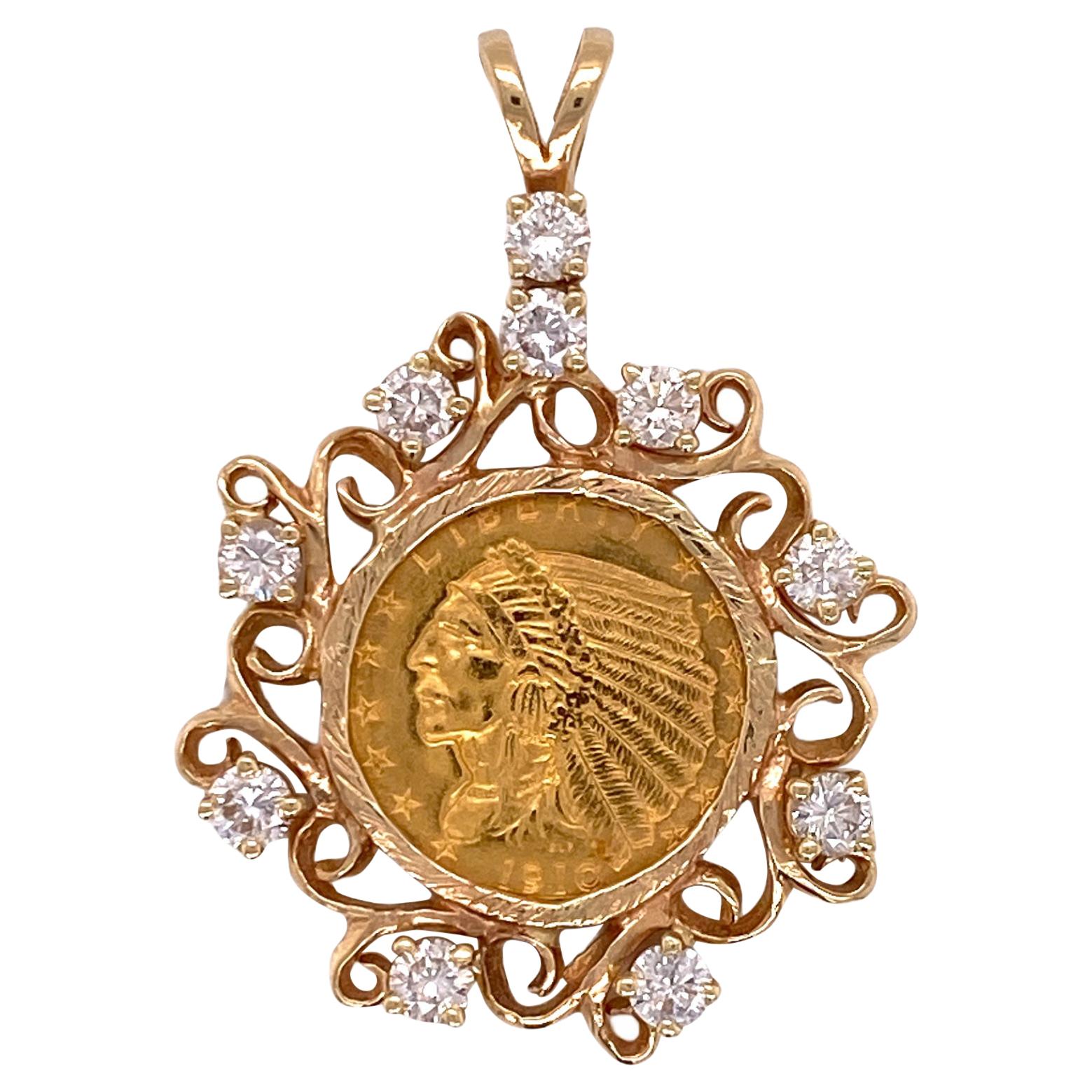 1910 US Indian Head $2.50 Gold Coin Diamond Pendant