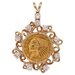 1910 US Indian Head $2.50 Gold Coin Diamond Pendant