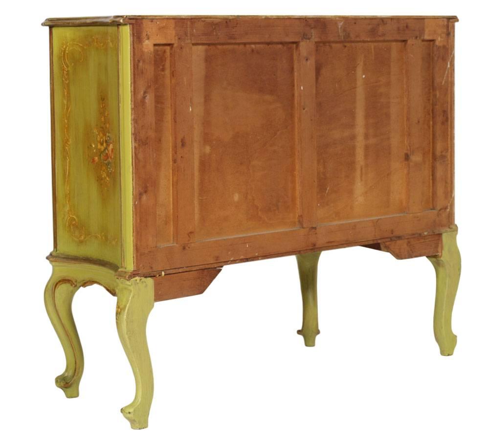 Carved 1920s, Venetian Baroque Commode, Chest of Drawers, Hand Painted, Edges Gold Leaf For Sale