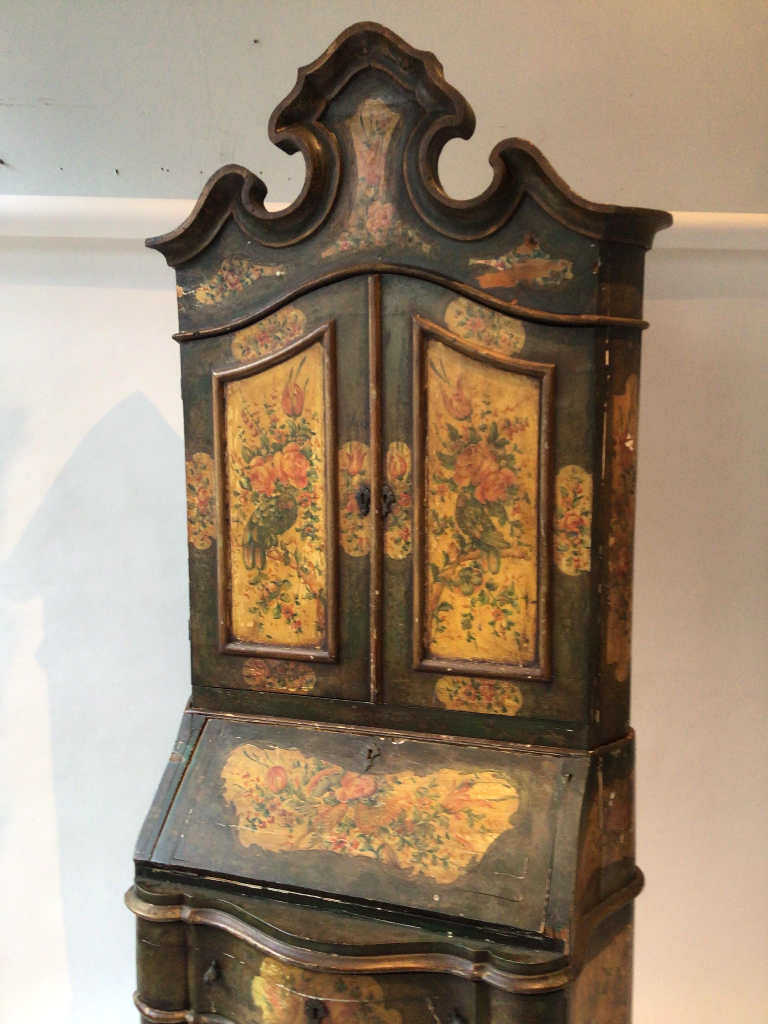 1910 Venetian Painted Secretary, Flowers and Birds 4