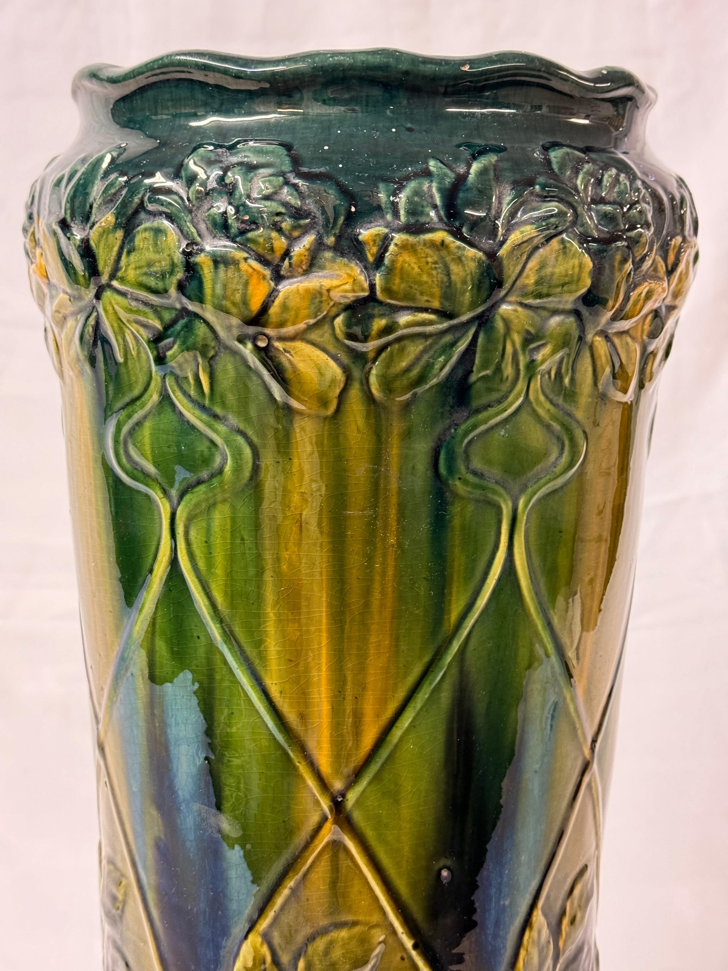 1910 Vintage Art Pottery Floral Ceramic Umbrella Holder For Sale 3