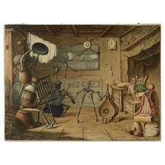 1910 Whimsical Folk Painting of Kitchen Utensils Coming to Life