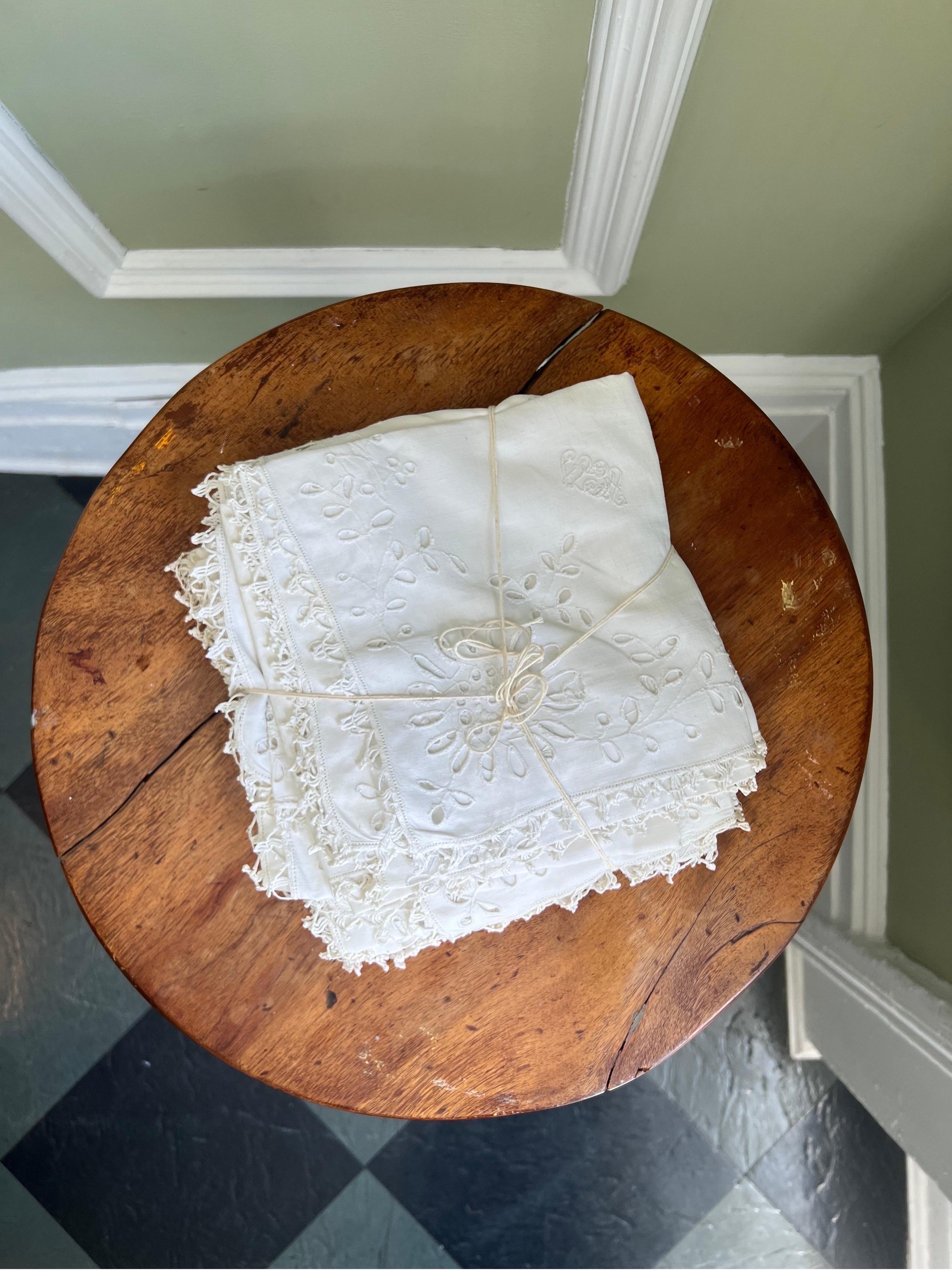 1910 White Linen Pulled Openwork, Set of 7 1