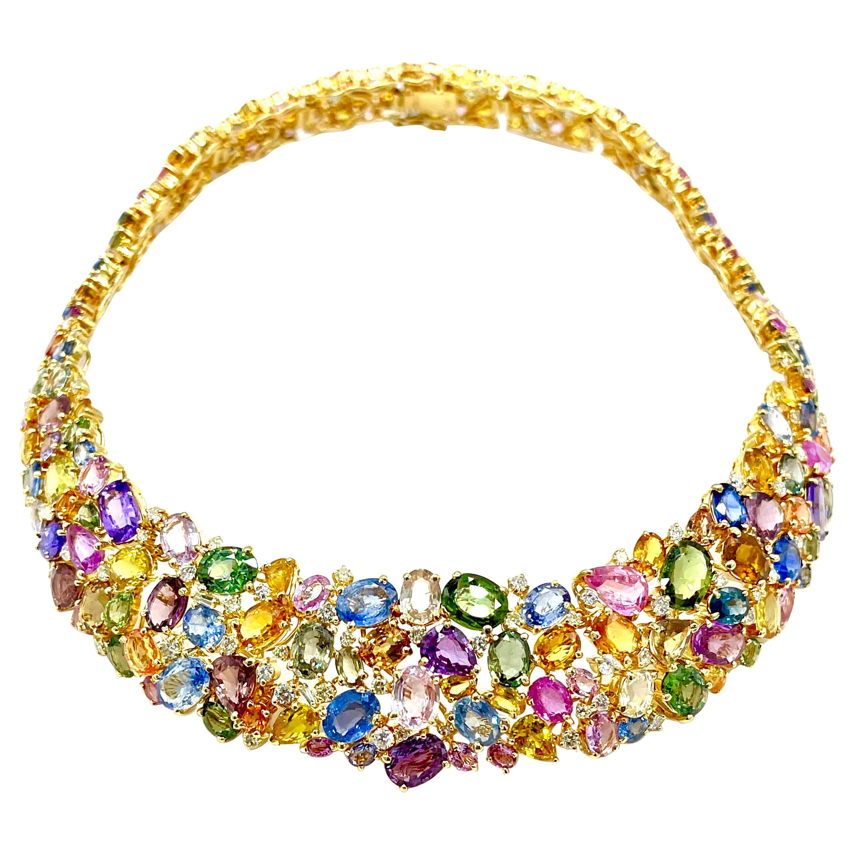 191.00 Carat Natural Multi-Color Sapphire and Diamond 18 Karat Gold Necklace