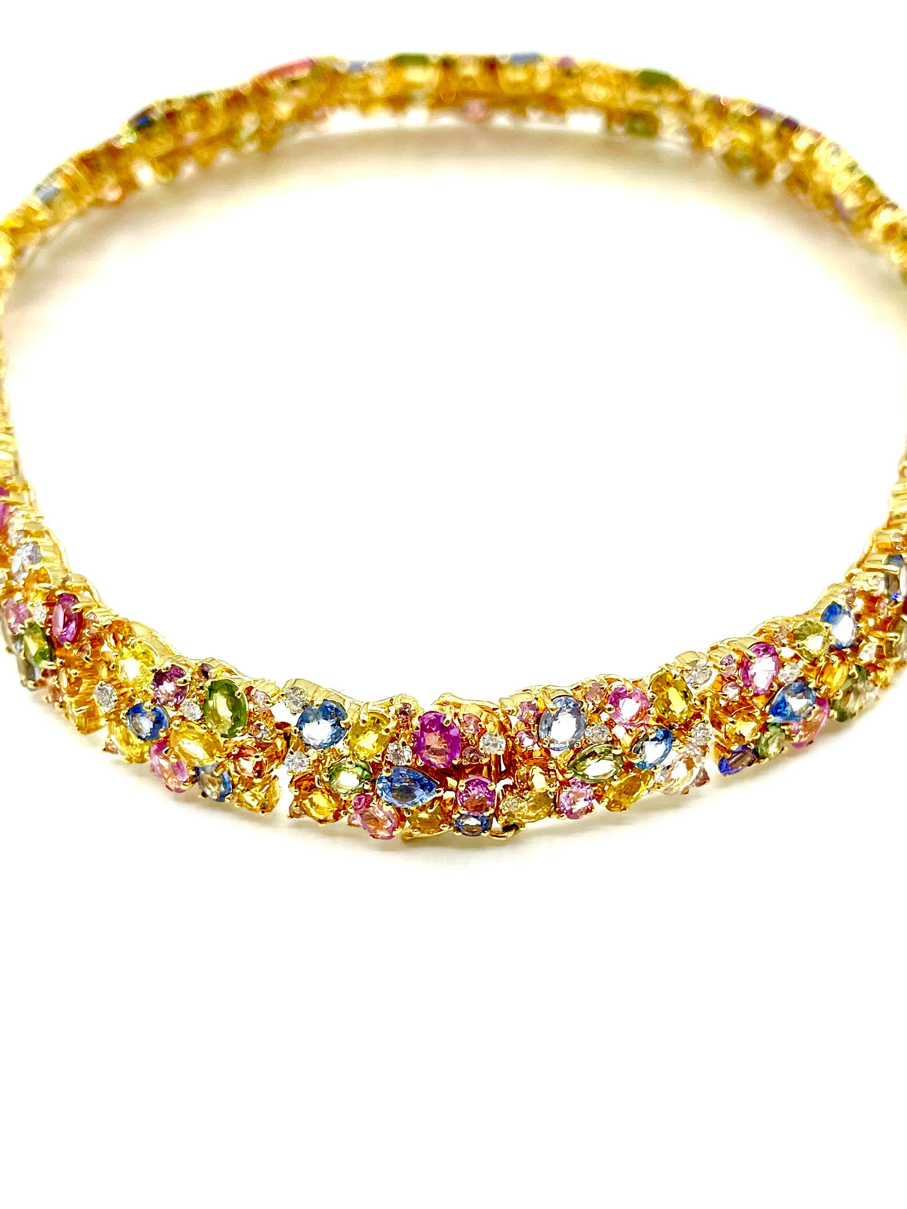 Modern 191.00 Carat Natural Multi-Color Sapphire and Diamond 18 Karat Gold Necklace