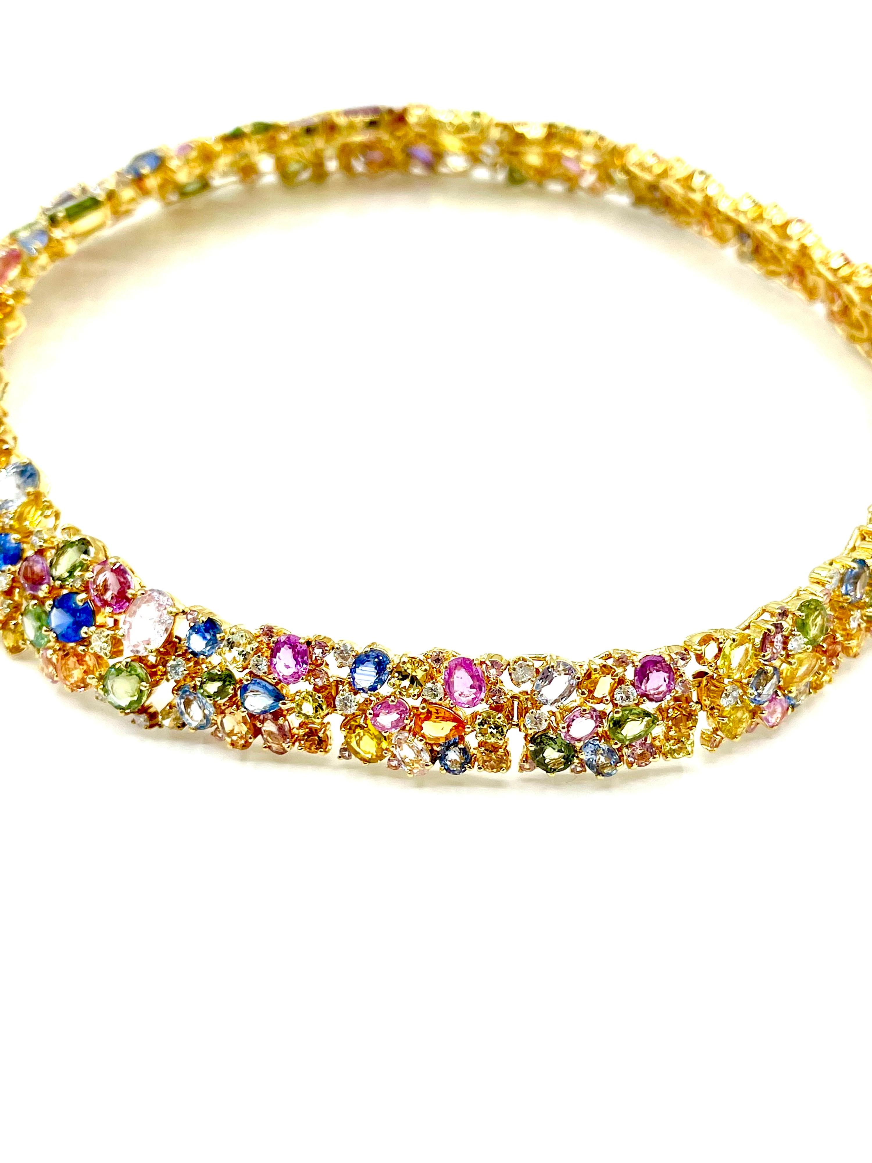 Mixed Cut 191.00 Carat Natural Multi-Color Sapphire and Diamond 18 Karat Gold Necklace