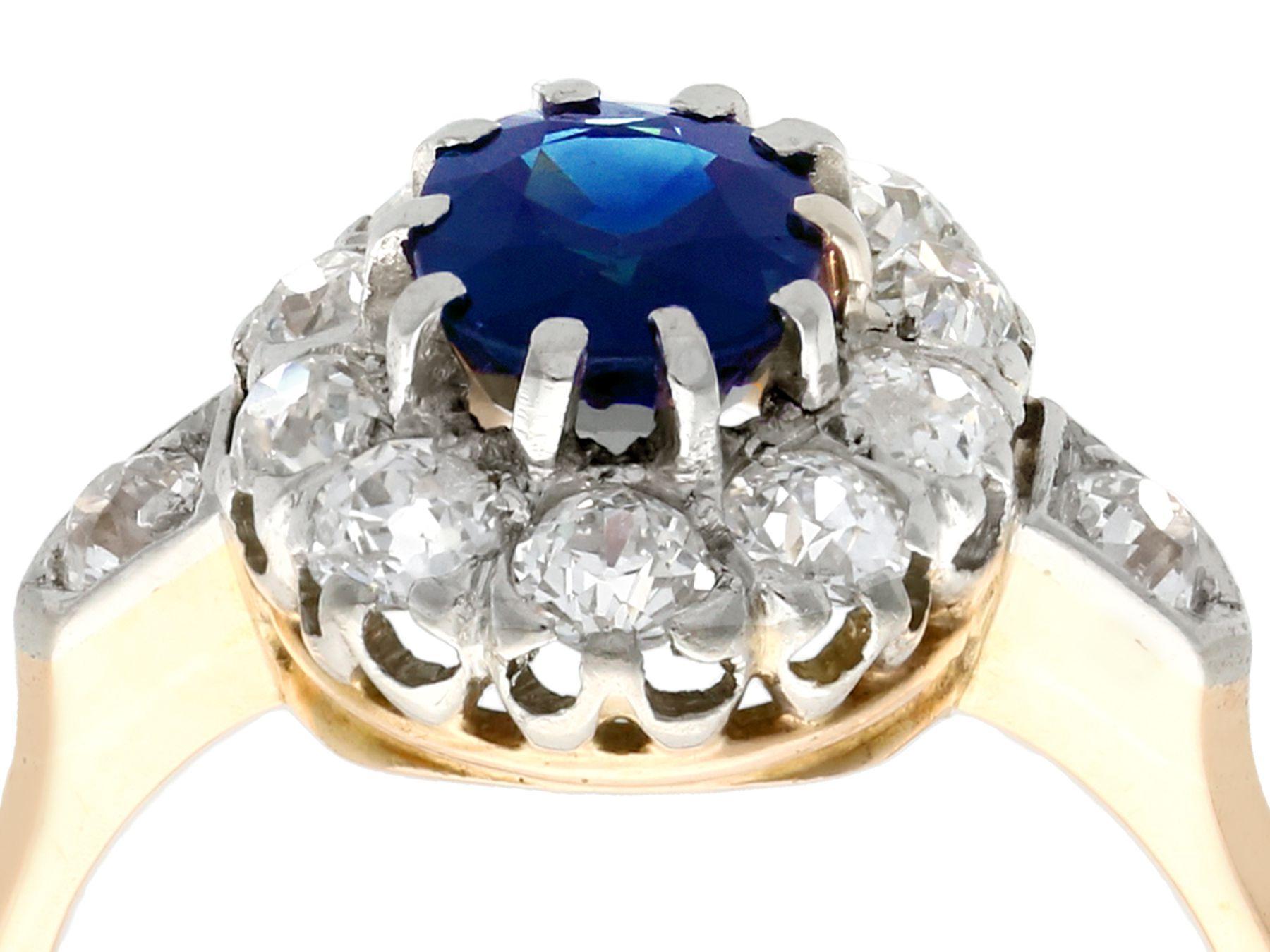 A stunning antique 1.18 carat sapphire and 0.95 carat diamond, 18 karat yellow gold and 18 karat white gold set cluster ring; part of our diverse antique jewelry collections.

This stunning, fine and impressive antique sapphire cluster ring has been