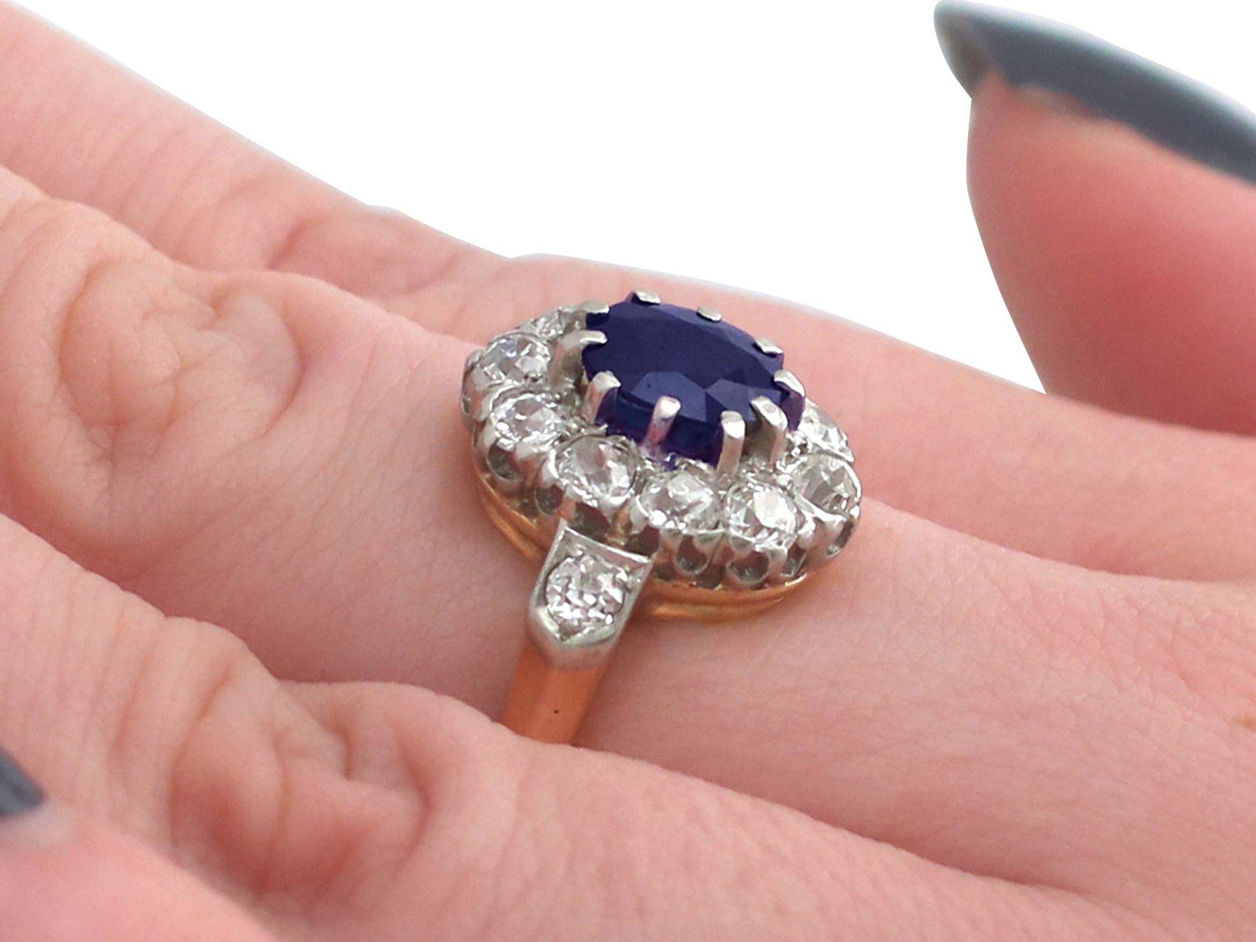 1910s 1.18 Carat Sapphire and Diamond Yellow Gold Cluster Ring 2