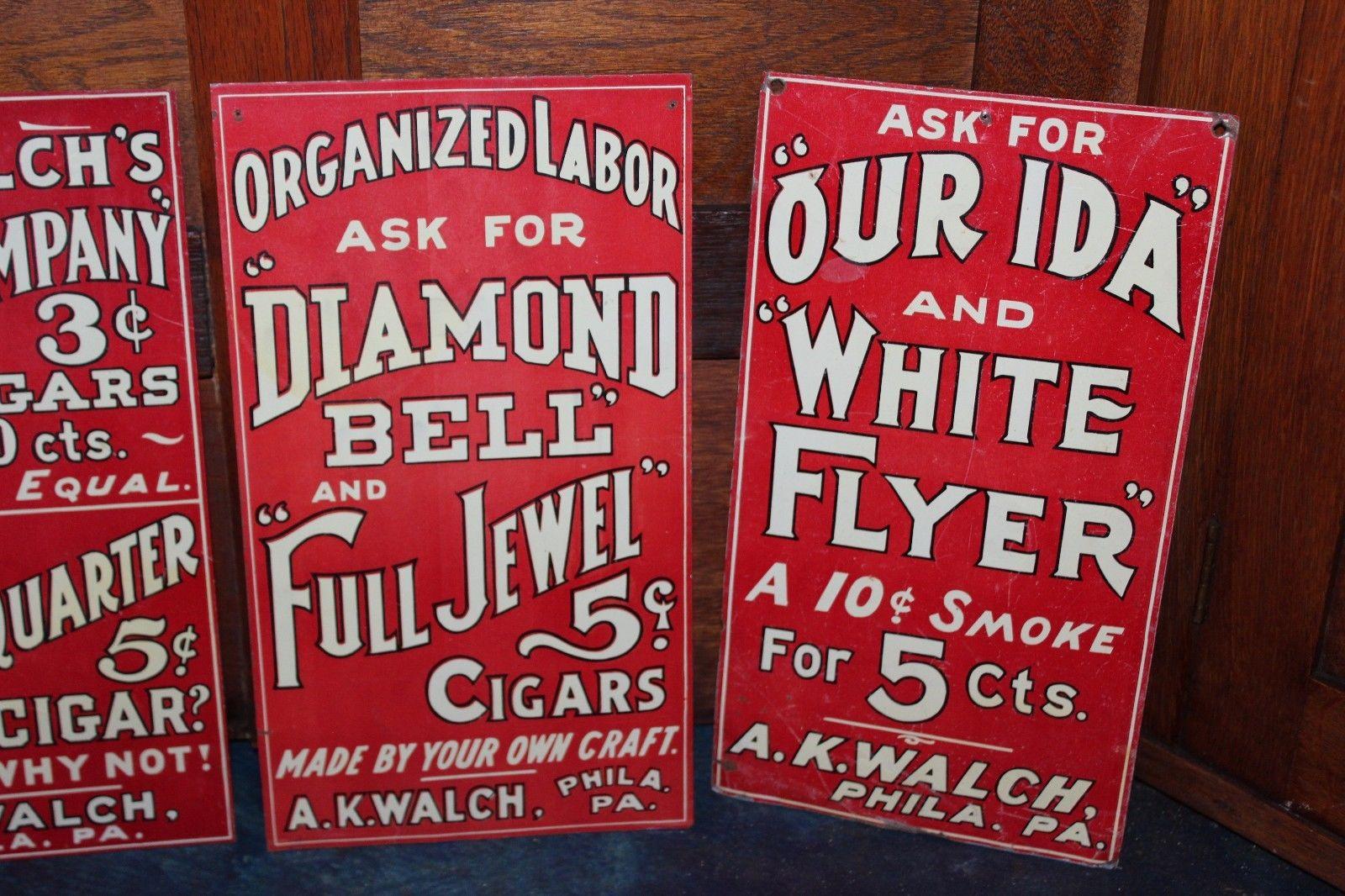 American 1910s-1920s Diamond Bell and Full Jewel 5c Cigars Walch Tin Sign For Sale