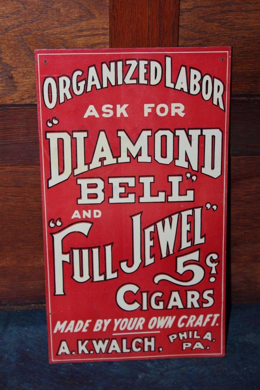 1910s-1920s Diamond Bell and Full Jewel 5c Cigars Walch Tin Sign For Sale 2