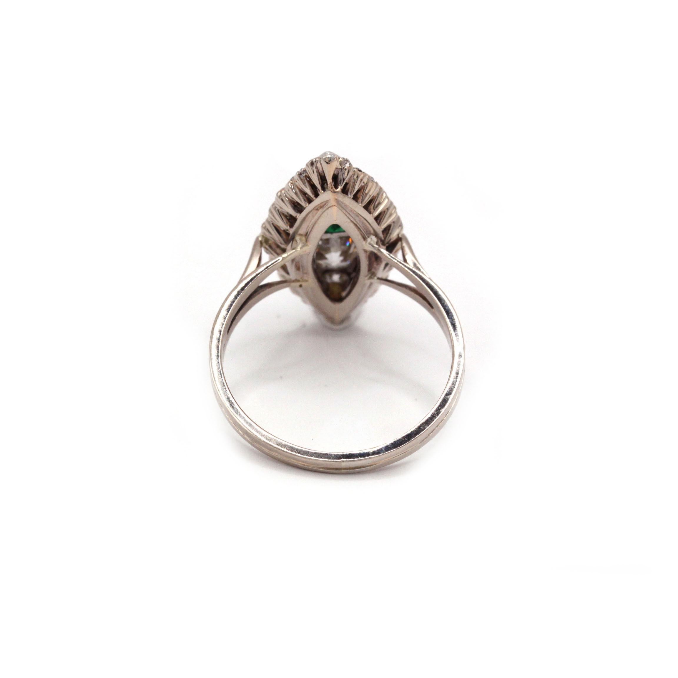 Women's 1910s–1920s French Art Deco Marquise Emerald & Diamond Ring – Size 60 (US 8) For Sale
