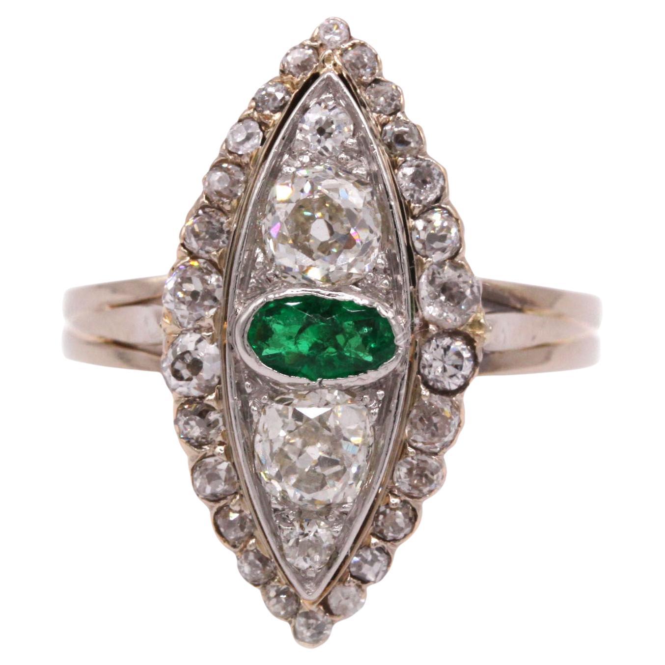 1910s–1920s French Art Deco Marquise Emerald & Diamond Ring – Size 60 (US 8) For Sale