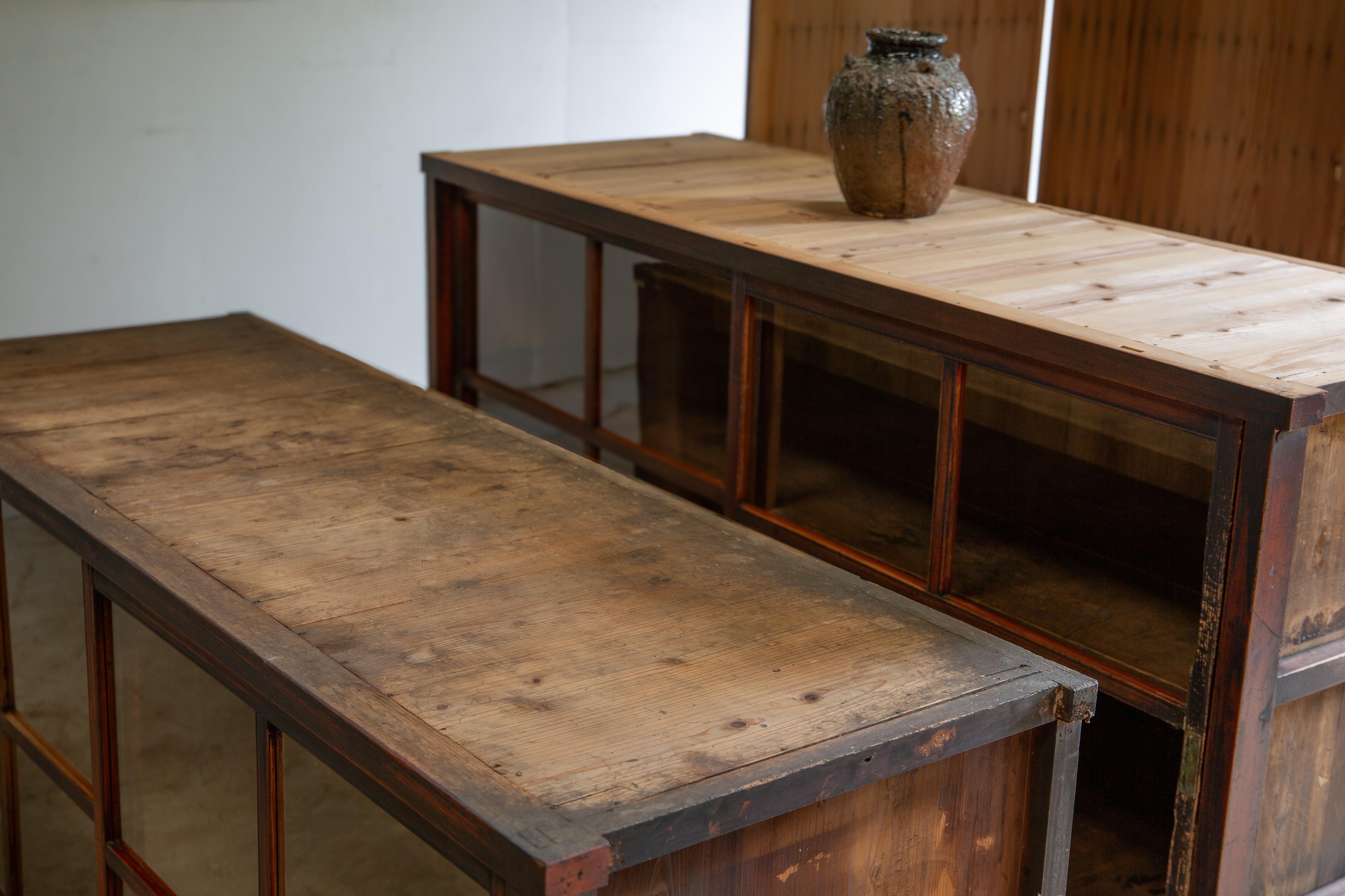 1910s-20s Japanese antique 2 tier large glass cabinet. wabi sabi organic en vente 10