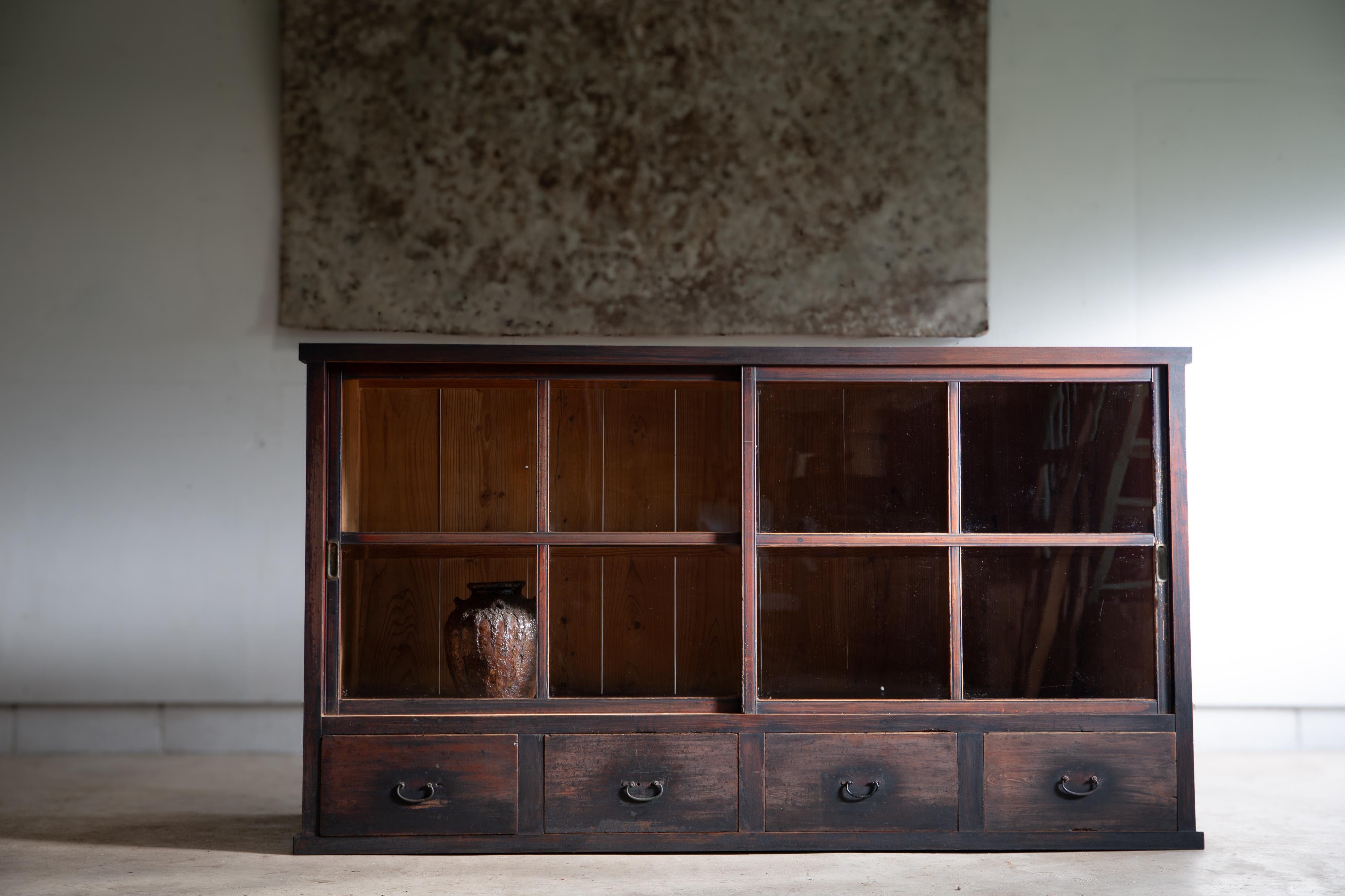 1910s-20s Japanese antique 2 tier large glass cabinet. wabi sabi organic en vente 6