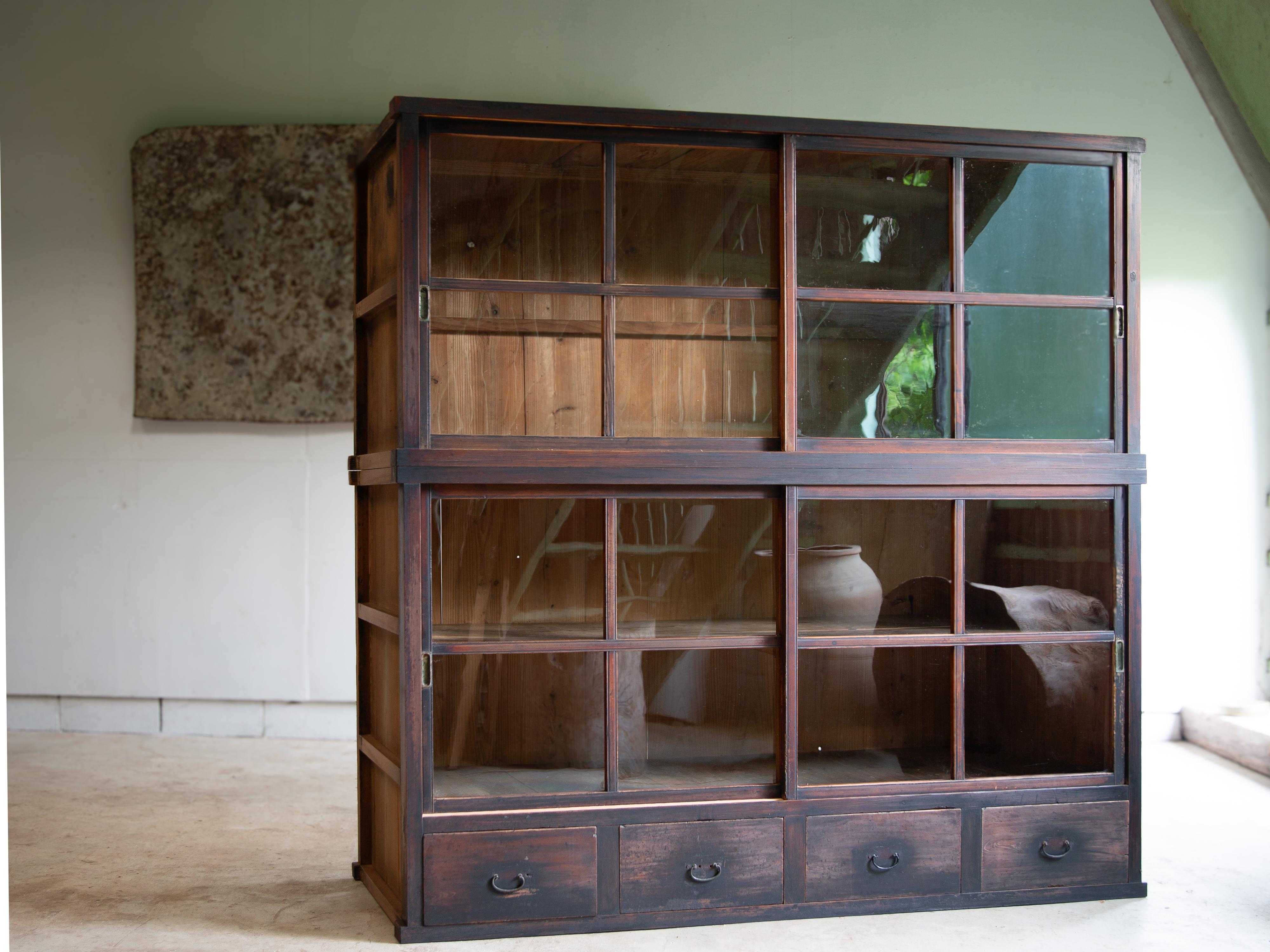 Taisho 1910s-20s Japanese antique 2 tier large glass cabinet. wabi sabi organic en vente