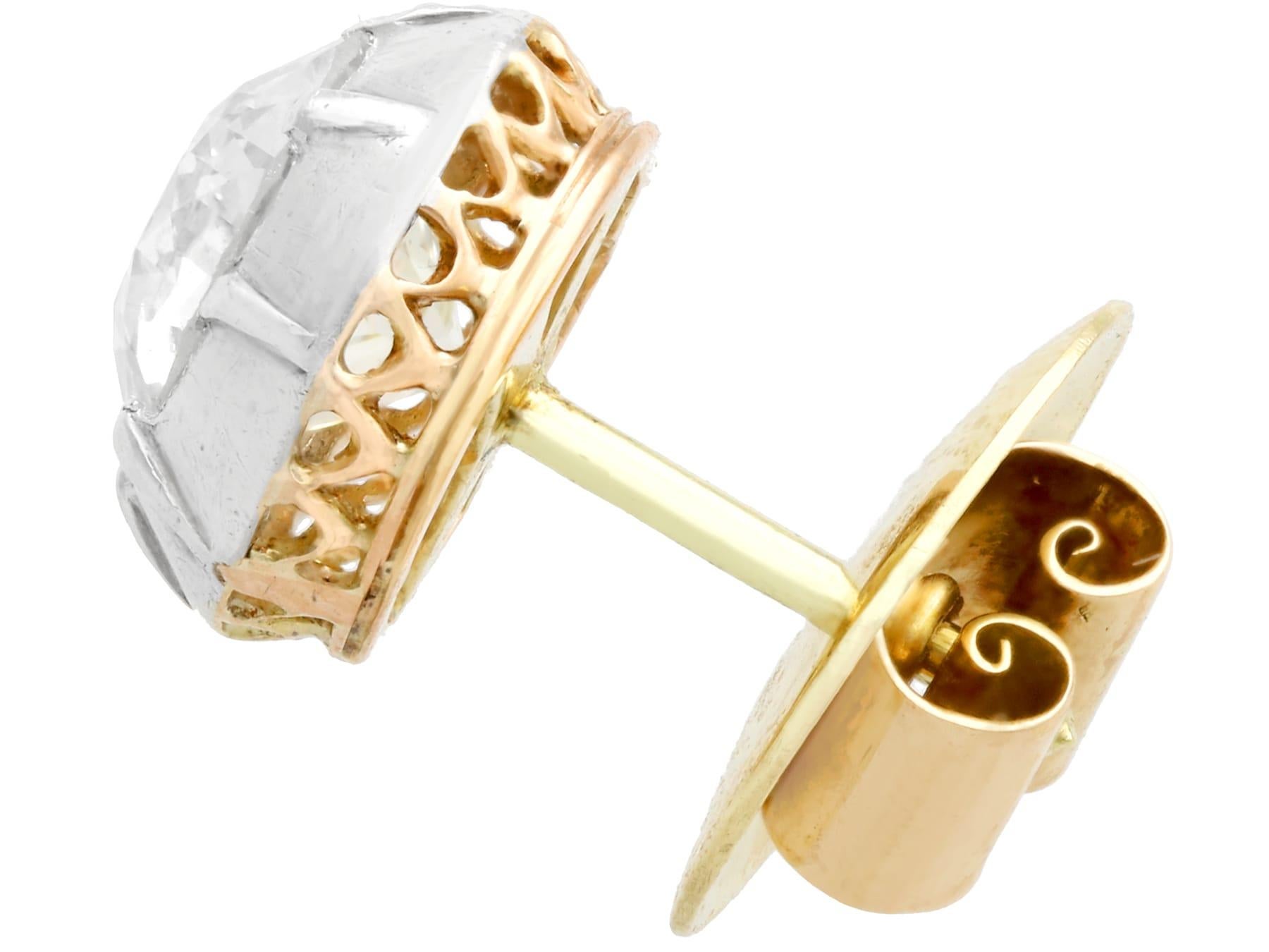 Women's or Men's 1910s 3.58 Carat Diamond and Yellow Gold Silver Set Stud Earrings For Sale