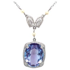 1910s Amethyst and Pearl Filigree Lavaliere Necklace in White Gold