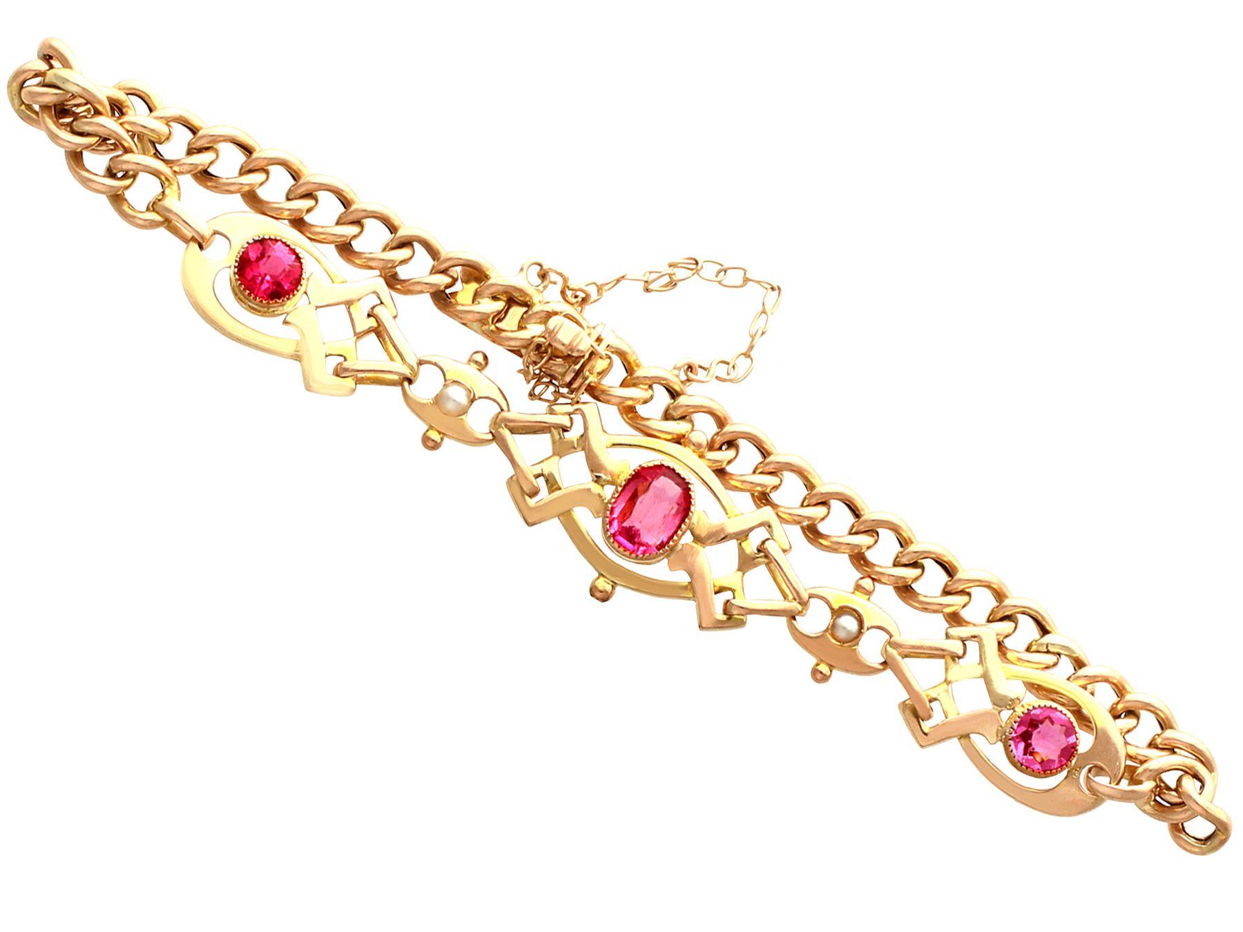 An impressive antique 1.20 Ct pink tourmaline and seed pearl, 9k yellow gold bracelet; part of our diverse antique jewelry and estate jewelry collections.

This fine and impressive pink tourmaline bracelet has been crafted in 9k yellow gold.

The 9k