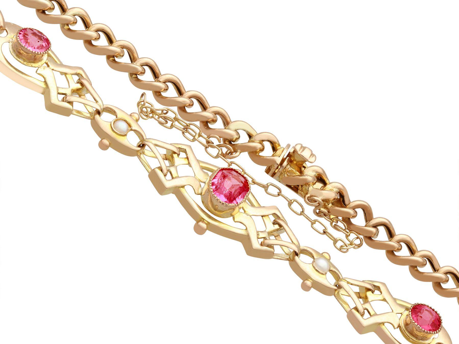 Oval Cut 1910s Antique 1.20 Carat Pink Tourmaline and Seed Pearl Yellow Gold Bracelet