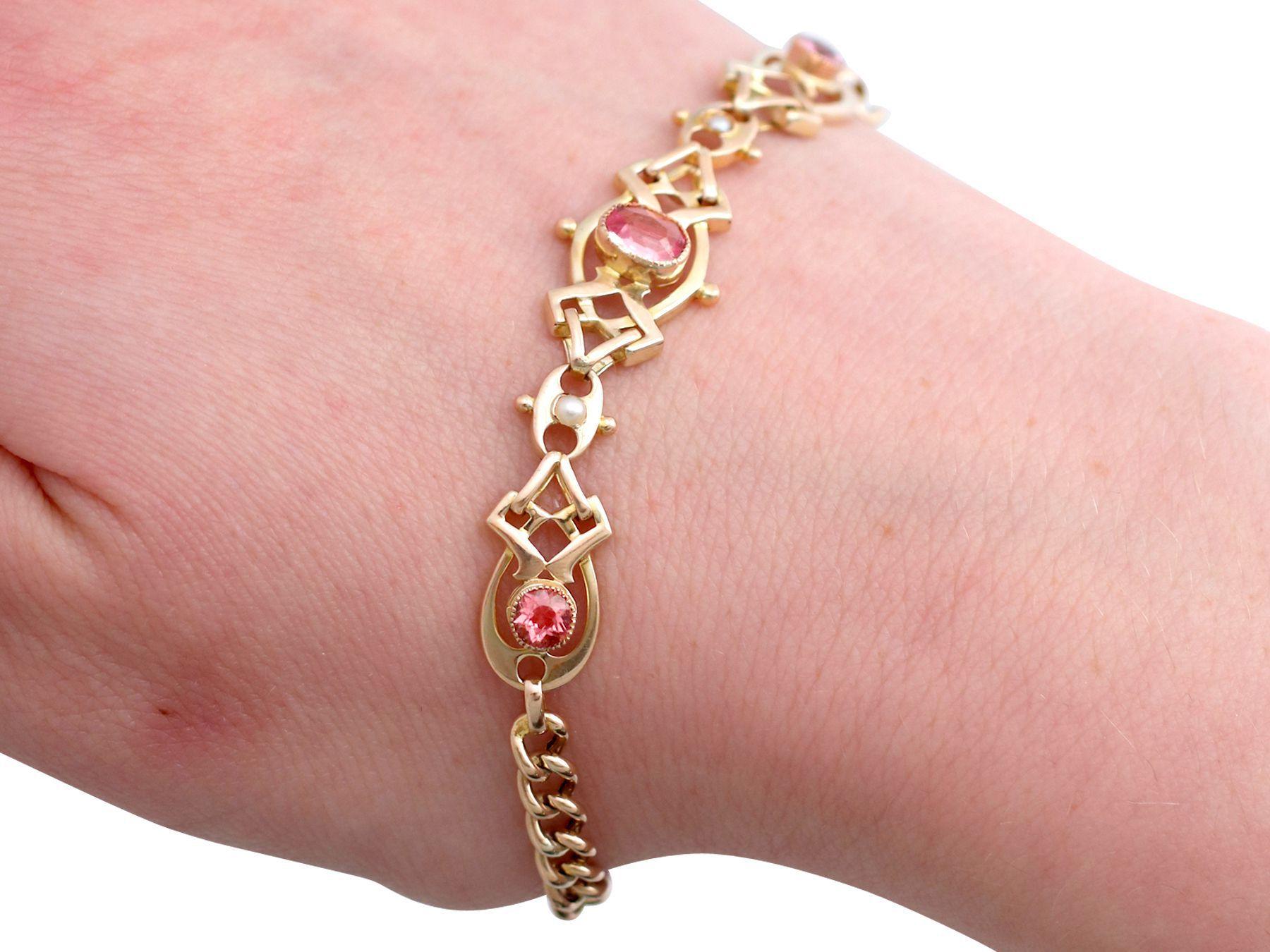 1910s Antique 1.20 Carat Pink Tourmaline and Seed Pearl Yellow Gold Bracelet 1