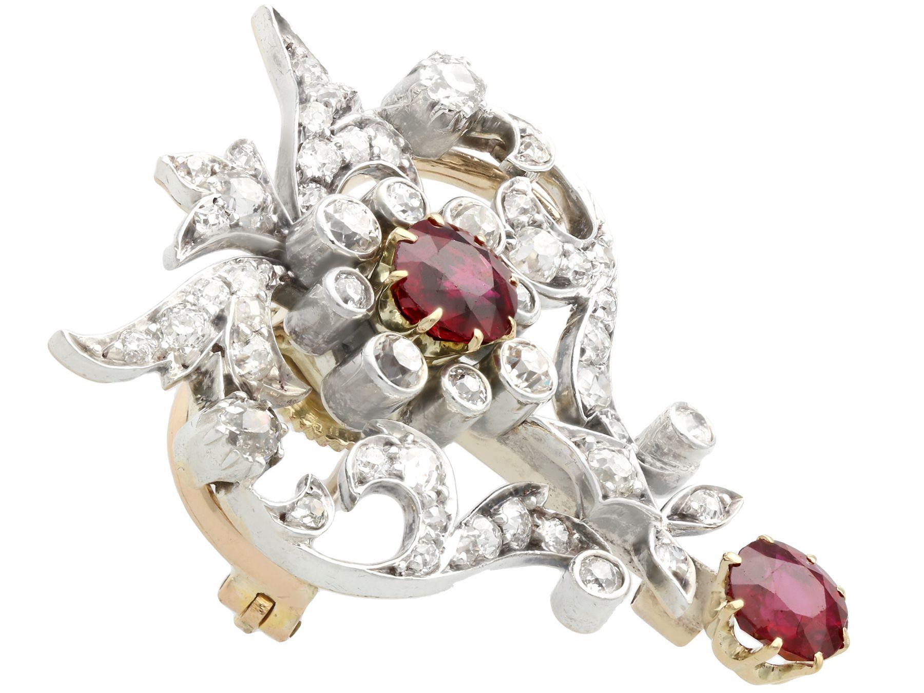 Cushion Cut 1910s Antique 2.05 Carat Ruby and 1.70 Carat Diamond and Yellow Gold Brooch For Sale