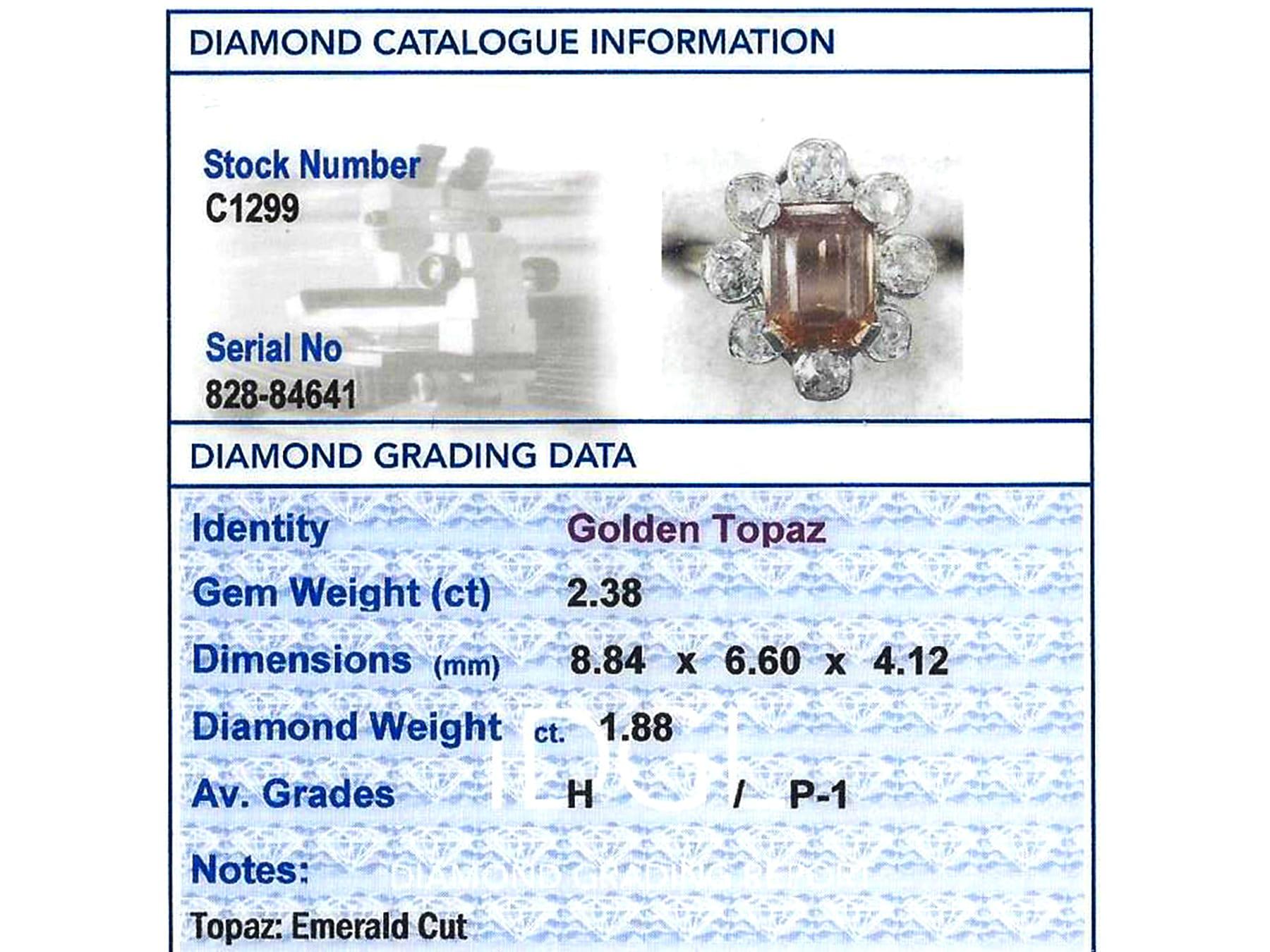 Antique 2.38ct Topaz, 1.88ct Diamond Yellow Gold Cluster Ring In Excellent Condition For Sale In Jesmond, Newcastle Upon Tyne