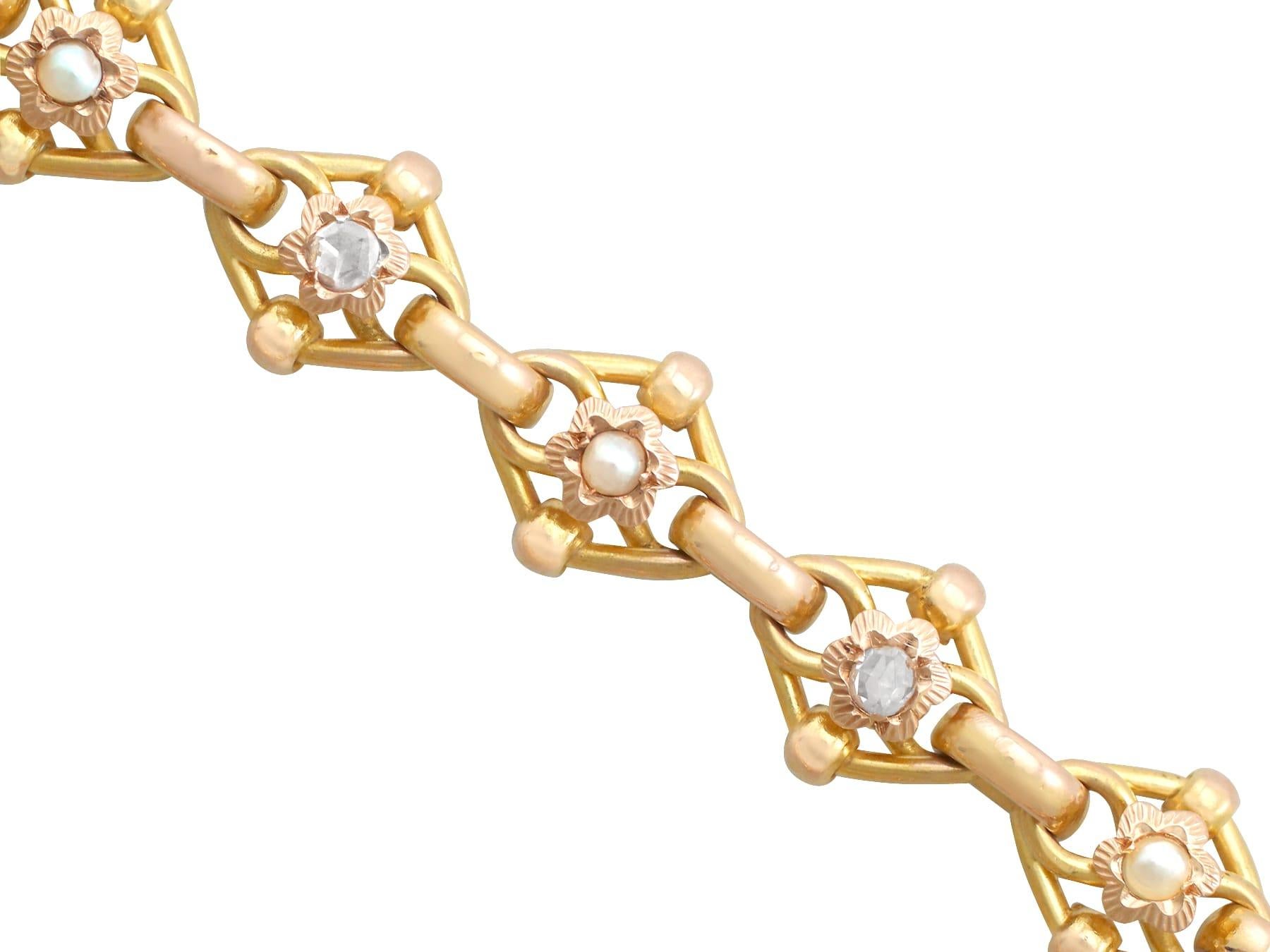 Rose Cut 1910s 2.61 Carat Diamond and Seed Pearl Yellow Gold Bracelet For Sale