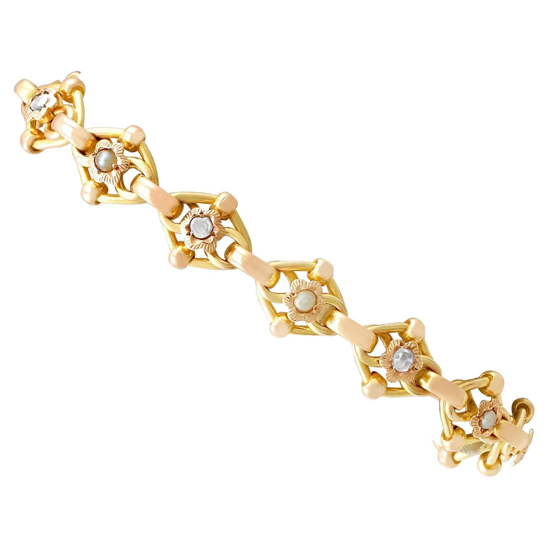 1910s 2.61 Carat Diamond and Seed Pearl Yellow Gold Bracelet For Sale