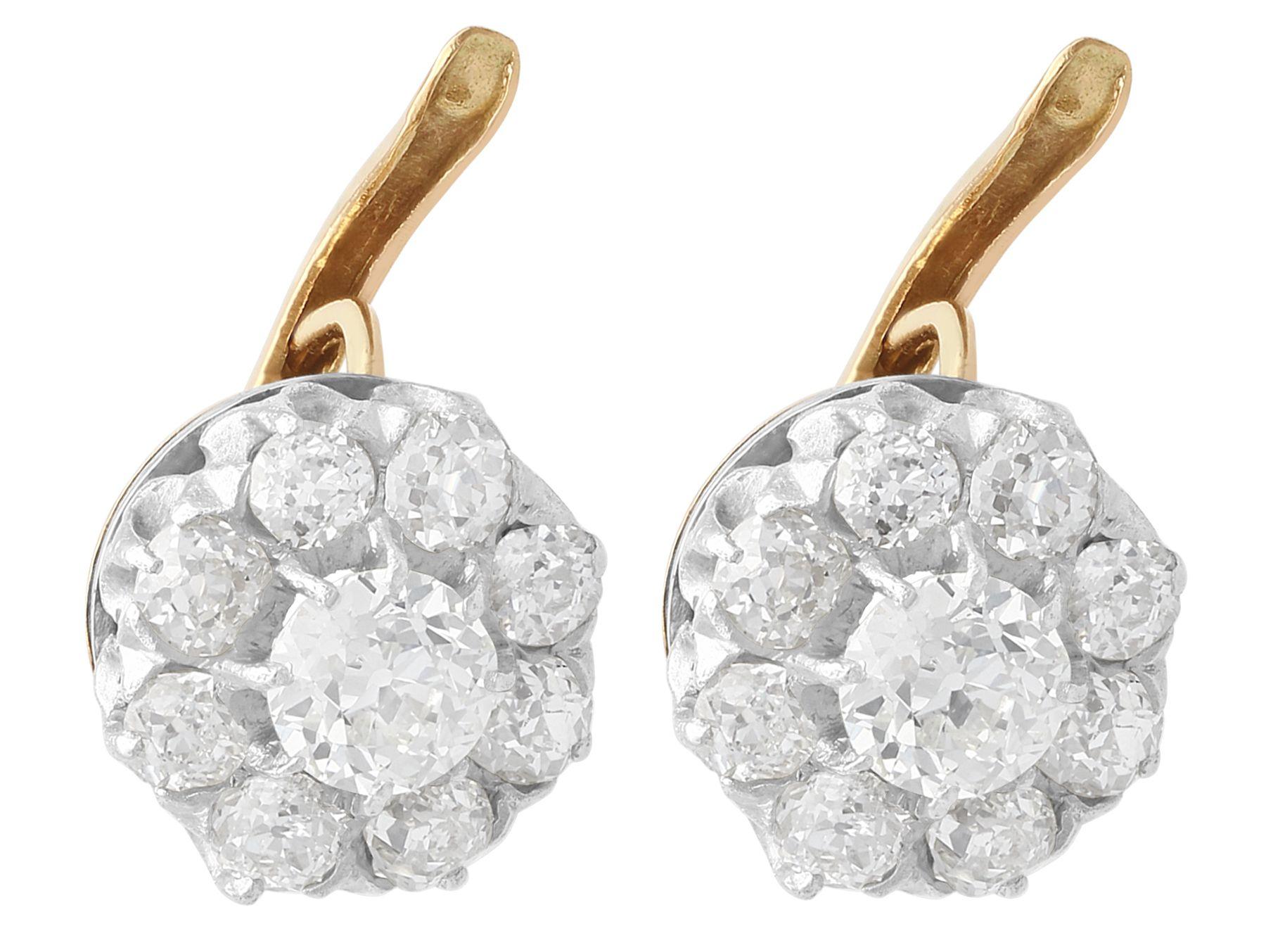 Round Cut 1910s Antique 3.37 Carat Diamond and Yellow Gold Cluster Earrings For Sale