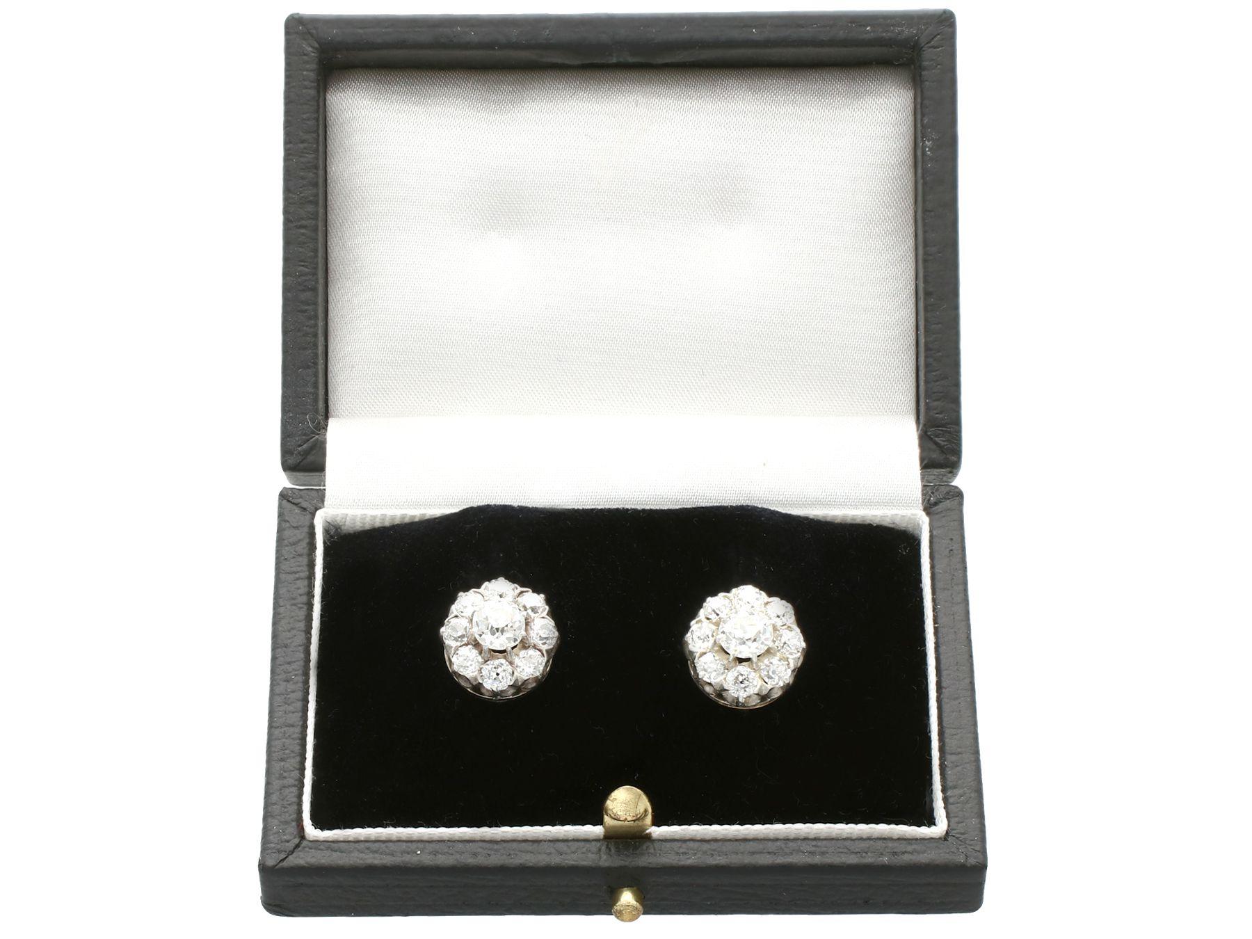 1910s Antique 3.37 Carat Diamond and Yellow Gold Cluster Earrings For Sale 2