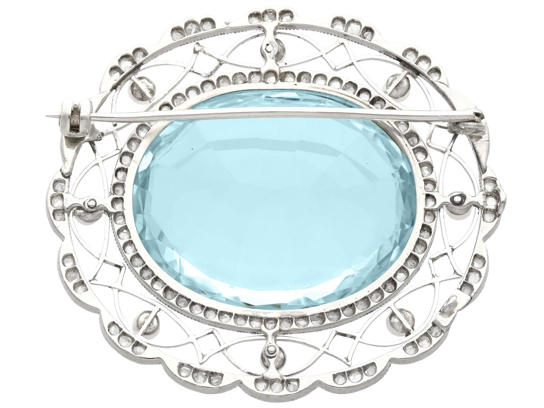Women's or Men's 1910s, Antique 43.84 Carat Oval Cut Aquamarine Diamond and Pearl Platinum Brooch For Sale