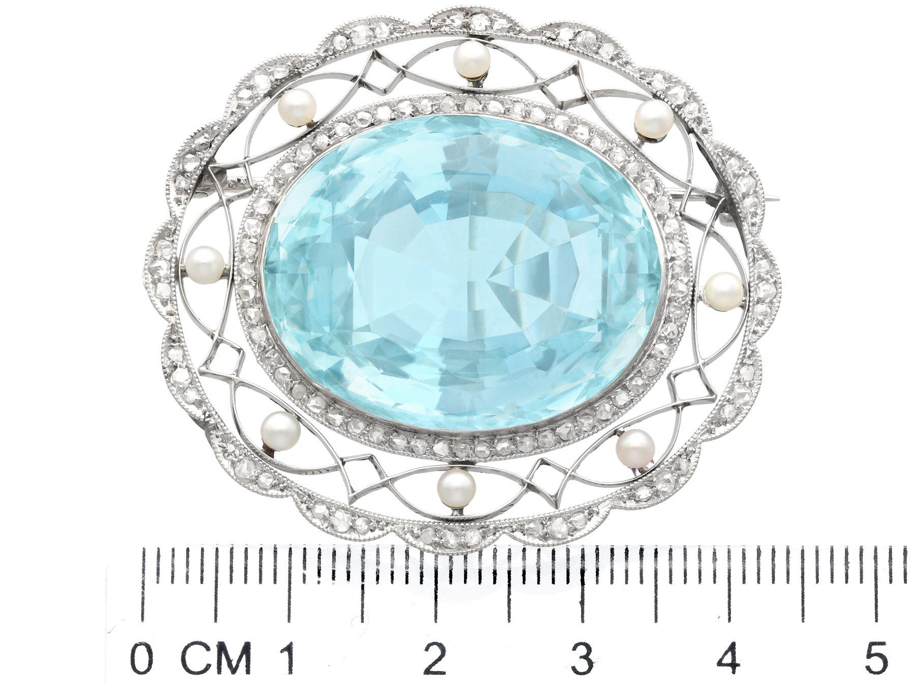 1910s, Antique 43.84 Carat Oval Cut Aquamarine Diamond and Pearl Platinum Brooch For Sale 2