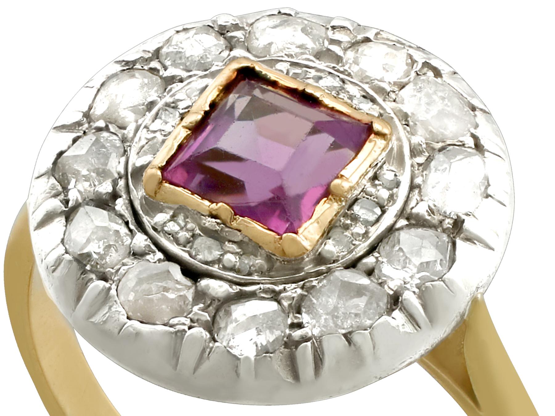 A fine and impressive antique 0.51 carat amethyst and 0.60 carat diamond (total), 18 karat yellow gold and silver set dress ring; part of our diverse antique jewelry and estate jewelry collections

This fine and impressive antique amethyst ring has
