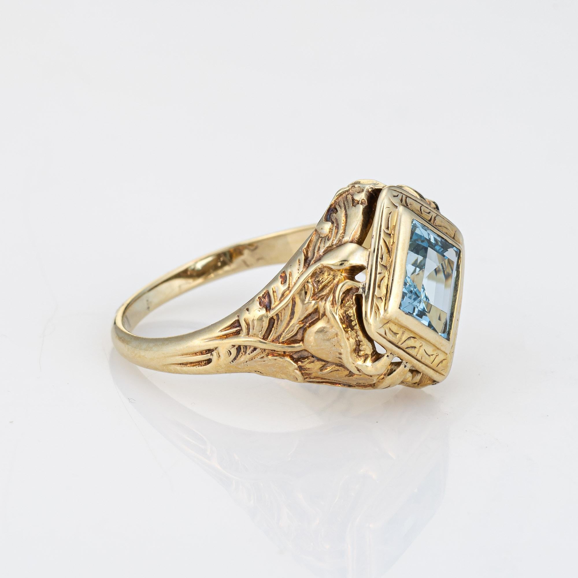 Square Cut 1910s Antique Art Nouveau Ring Aquamarine 10k Yellow Gold Sz 6.5 Fine Jewelry For Sale