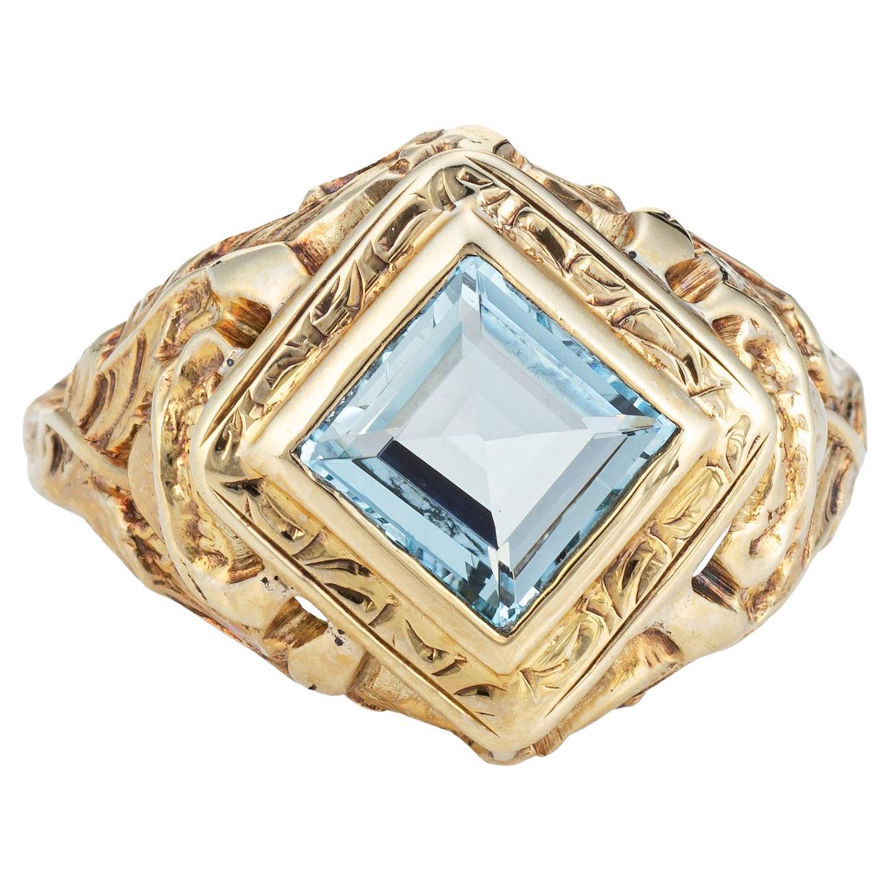 1910s Antiguo Art Nouveau Anillo Aguamarina 10k Oro Amarillo Sz 6.5 Joyería Fina