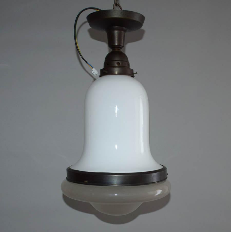 - original good condition
- opal white glass in the shape of a bell connected by a circle with lower 
  frosted glass
- patinated copper
- plated sheet metal
- only re-polished
- new wiring, max. 1x100W, E27
- can be used with led or saving bulb
-