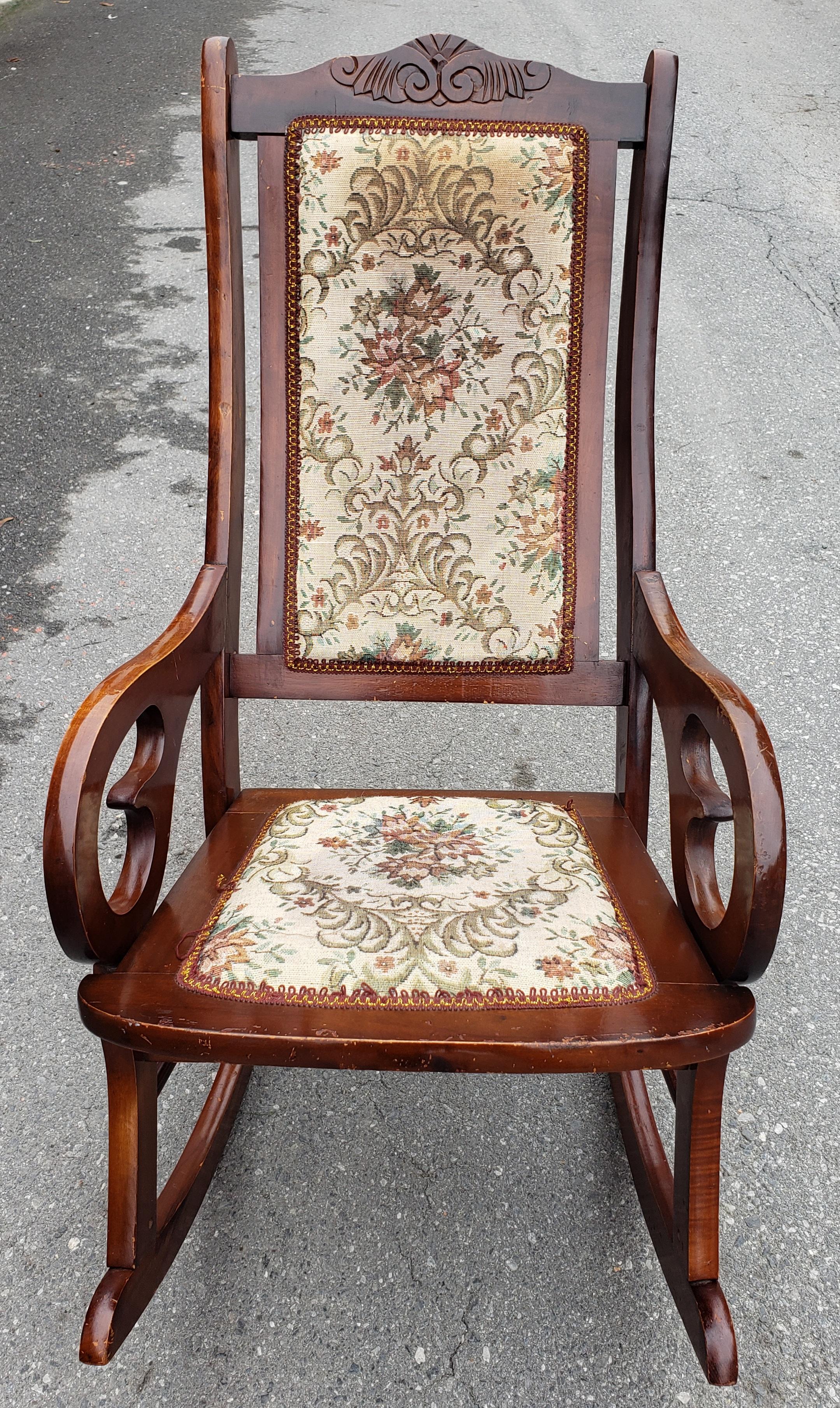 1910s Antique Biedermeier Rocking Chair in Mahogany and Needle Point Upholstery In Good Condition In Germantown, MD