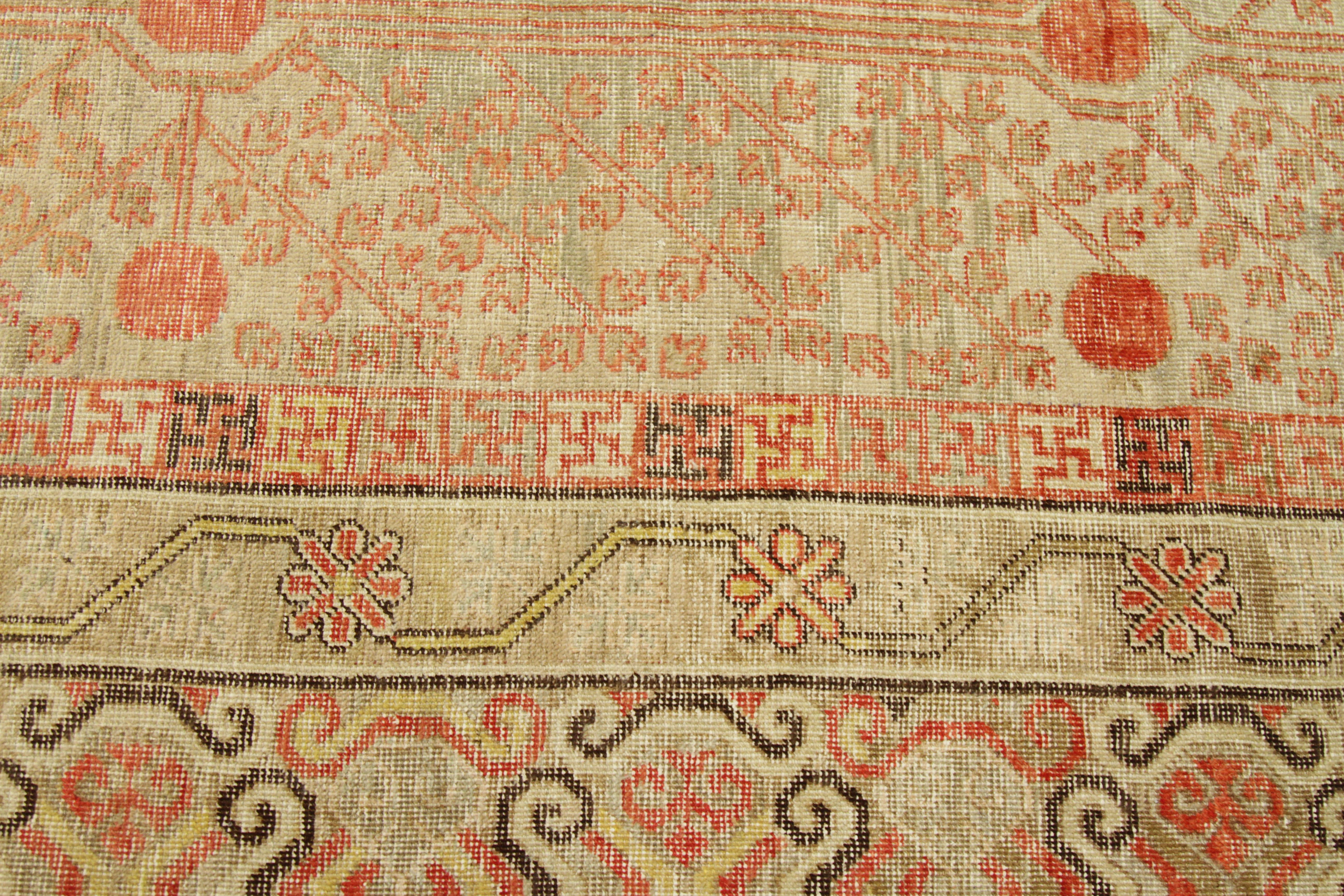 Wool 1910s Antique Central Asian Rug Khotan Style with Rust and Beige Nature Details For Sale