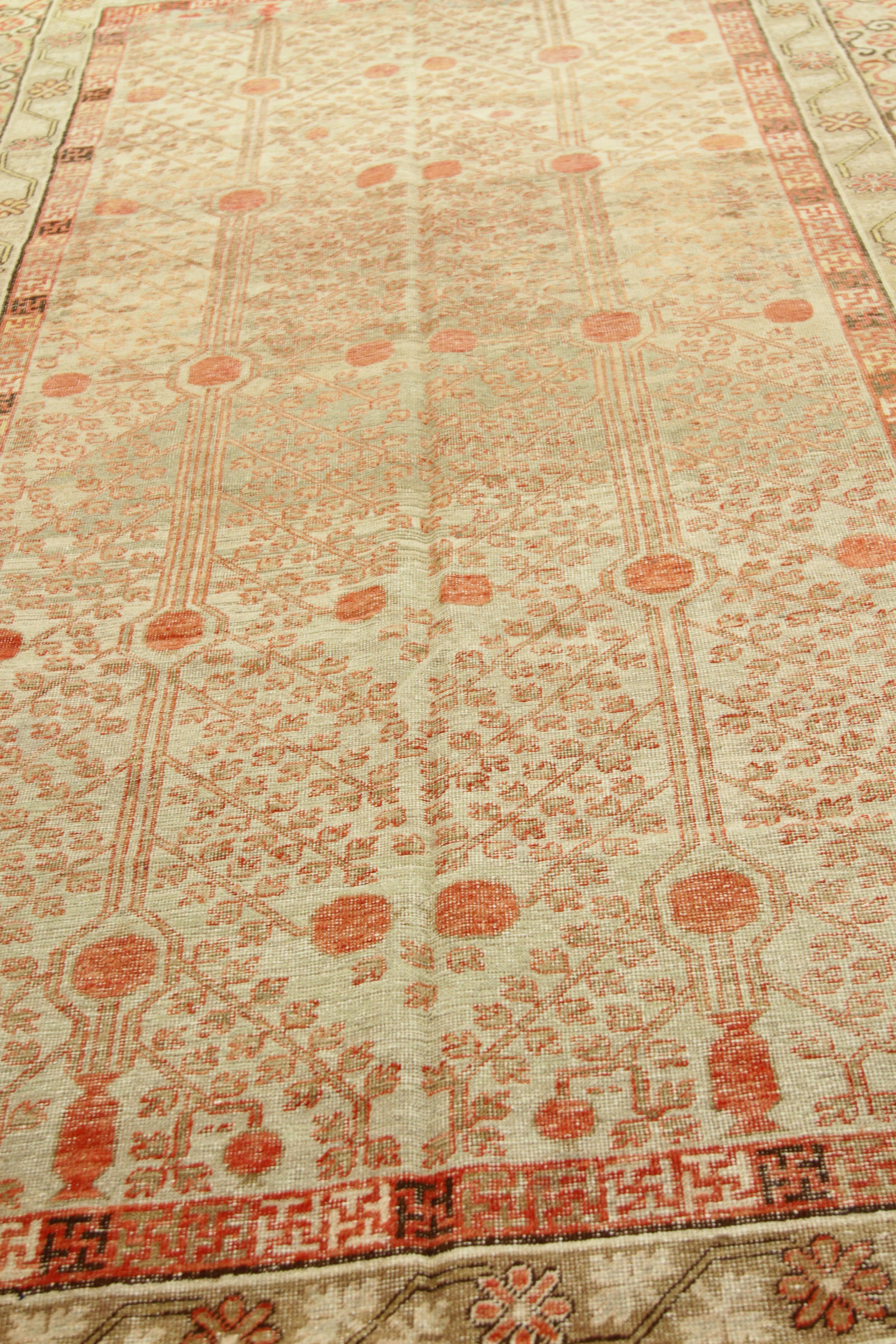 1910s Antique Central Asian Rug Khotan Style with Rust and Beige Nature Details For Sale 1