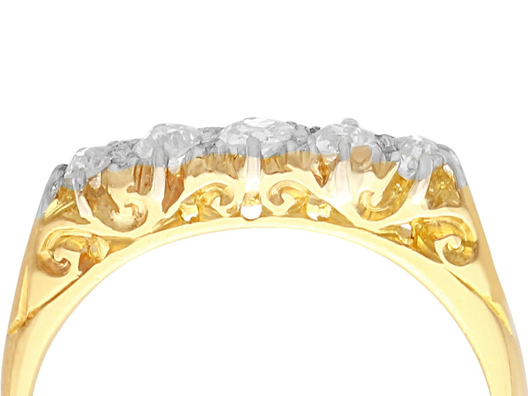 A fine and impressive antique 0.36 carat diamond and 18 karat yellow gold five stone ring; part of our collection of antique diamond rings

This fine and impressive diamond five stone ring has been crafted in 18k yellow gold.

The elevated pierced