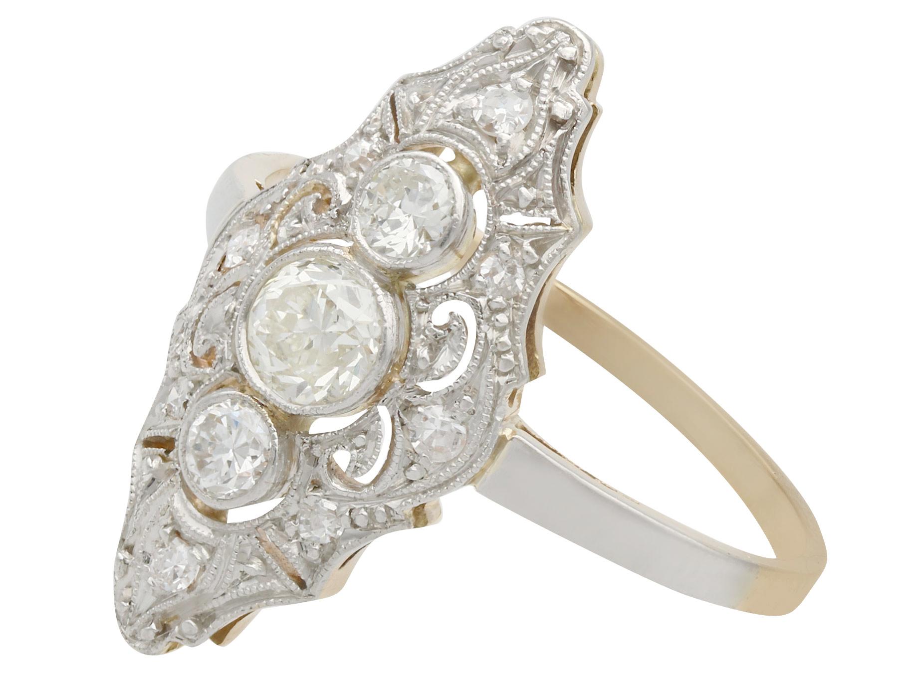 Round Cut 1910s Antique Diamond and Yellow Gold Marquise Ring
